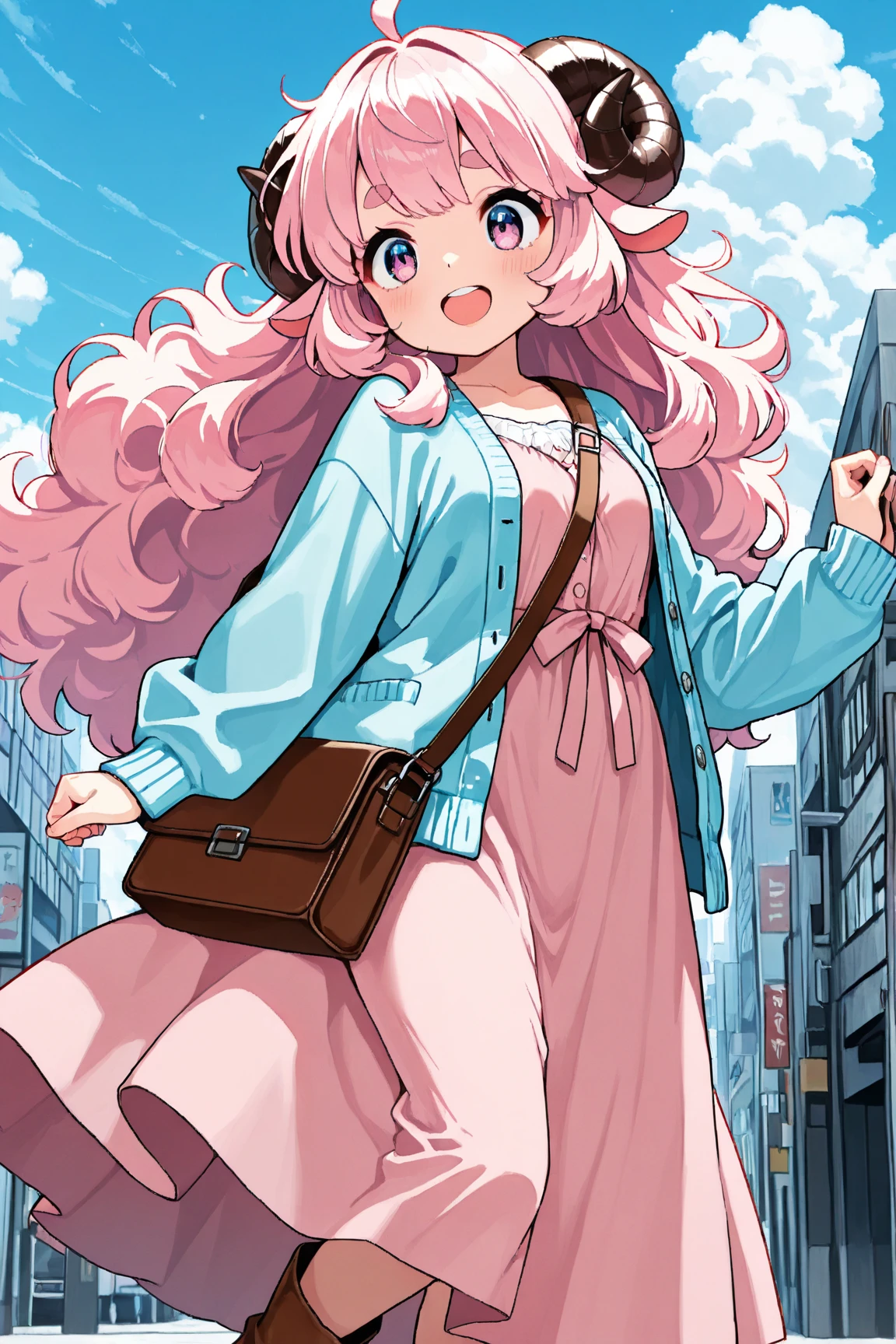 masterpiece, best quality, amazing quality, very aesthetic, high resolution, ultra-detailed, absurdres, newest, Anime screencap, highly detailed, high quality, Intricate:1.4, BREAK, (1girl, ひつじちゃん,  fluffy hair\long\pink, thick eyebrows:1.1, round sheep horns), BREAK, (pink long dress, sky blue cardigan, brown boots, brown shoulder bag), city