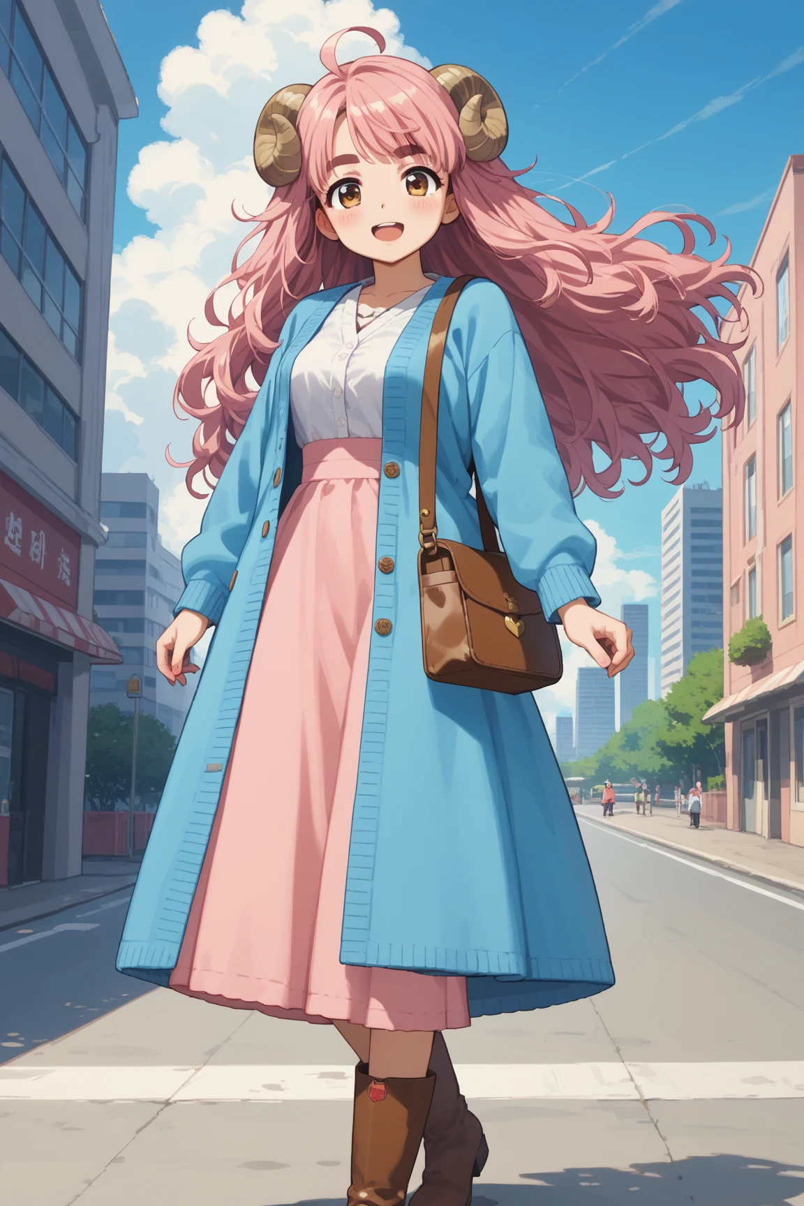masterpiece, best quality, amazing quality, very aesthetic, high resolution, ultra-detailed, absurdres, newest, Anime screencap, highly detailed, high quality, Intricate:1.4, BREAK, (1girl, ひつじちゃん,  fluffy hair\long\pink, thick eyebrows:1.1, round sheep horns), BREAK, (pink long dress, sky blue cardigan, brown boots, brown shoulder bag), city