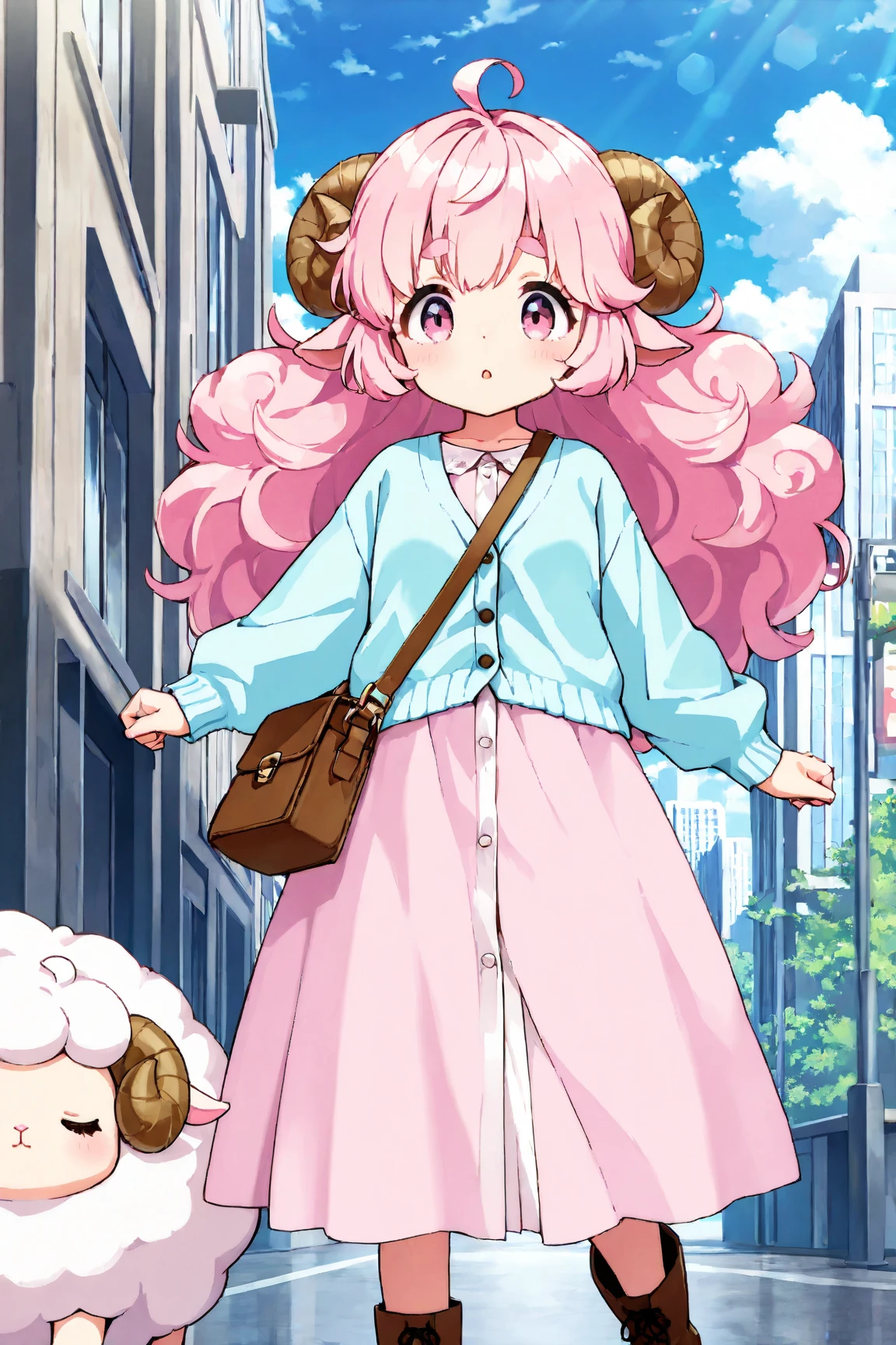 masterpiece, best quality, amazing quality, very aesthetic, high resolution, ultra-detailed, absurdres, newest, Anime screencap, highly detailed, high quality, Intricate:1.4, BREAK, (1girl, ひつじちゃん,  fluffy hair\long\pink, thick eyebrows:1.1, round sheep horns), BREAK, (pink long dress, sky blue cardigan, brown boots, brown shoulder bag), city