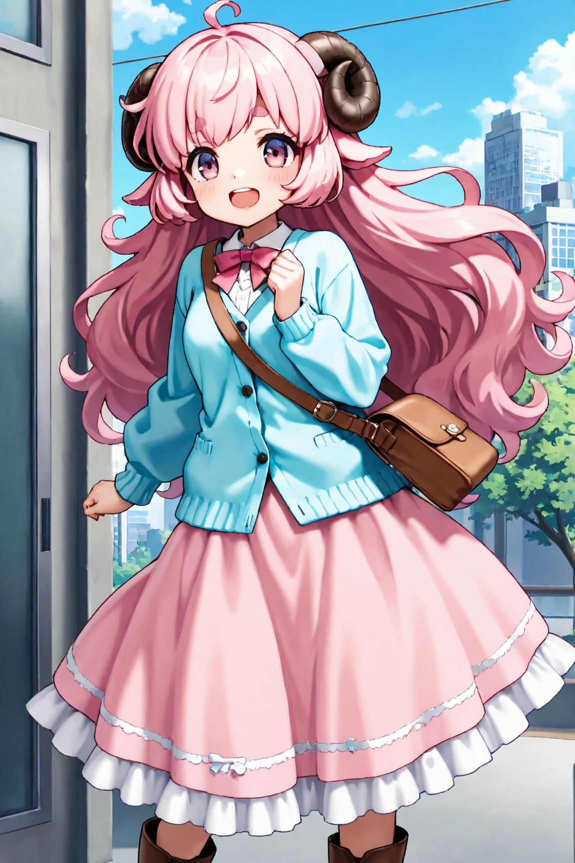masterpiece, best quality, amazing quality, very aesthetic, high resolution, ultra-detailed, absurdres, newest, Anime screencap, highly detailed, high quality, Intricate:1.4, BREAK, (1girl, ひつじちゃん,  fluffy hair\long\pink, thick eyebrows:1.1, round sheep horns), BREAK, (pink long dress, sky blue cardigan, brown boots, brown shoulder bag), city