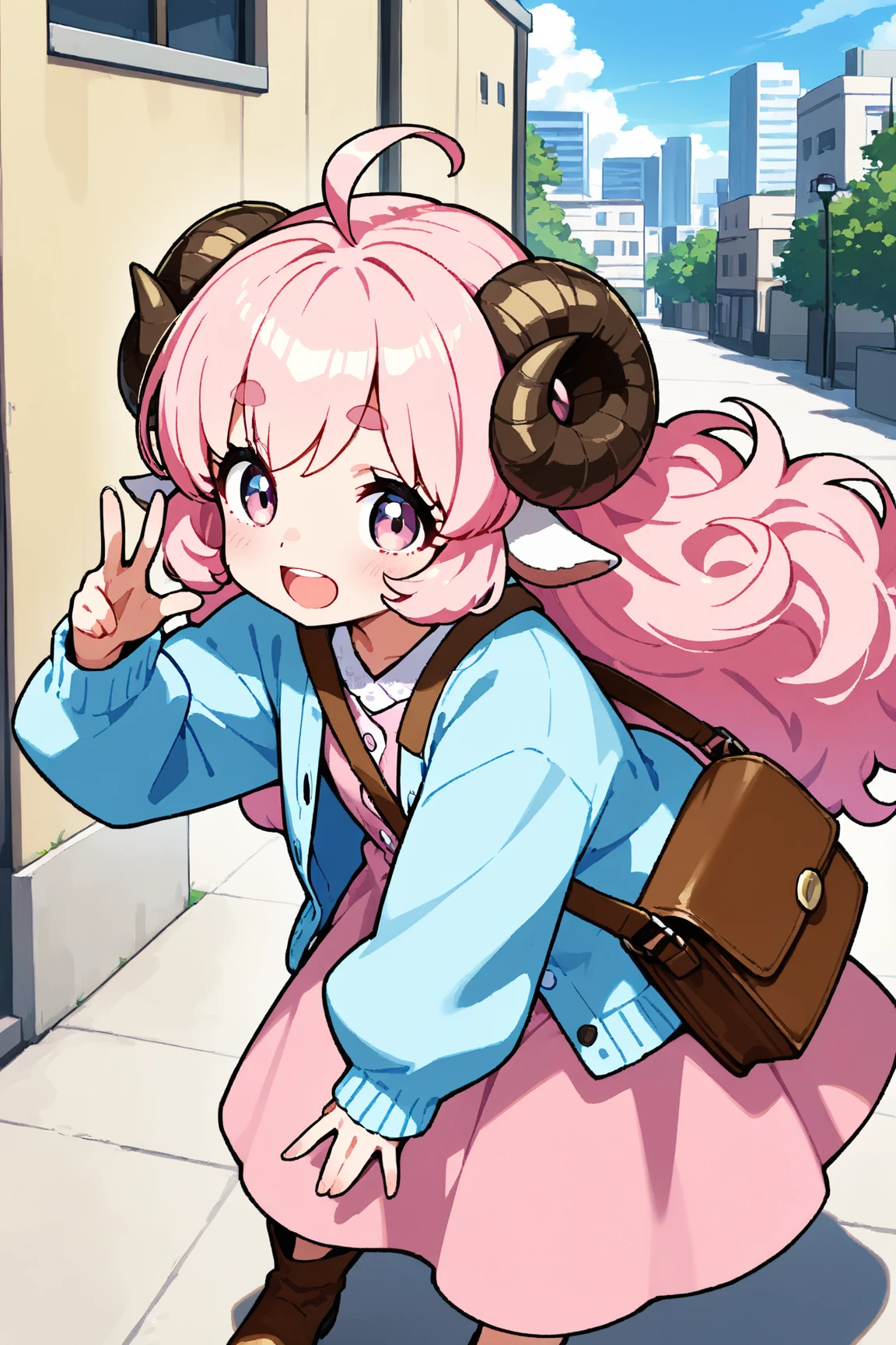 masterpiece, best quality, amazing quality, very aesthetic, high resolution, ultra-detailed, absurdres, newest, Anime screencap, highly detailed, high quality, Intricate:1.4, BREAK, (1girl, ひつじちゃん,  fluffy hair\long\pink, thick eyebrows:1.1, round sheep horns), BREAK, (pink long dress, sky blue cardigan, brown boots, brown shoulder bag), city