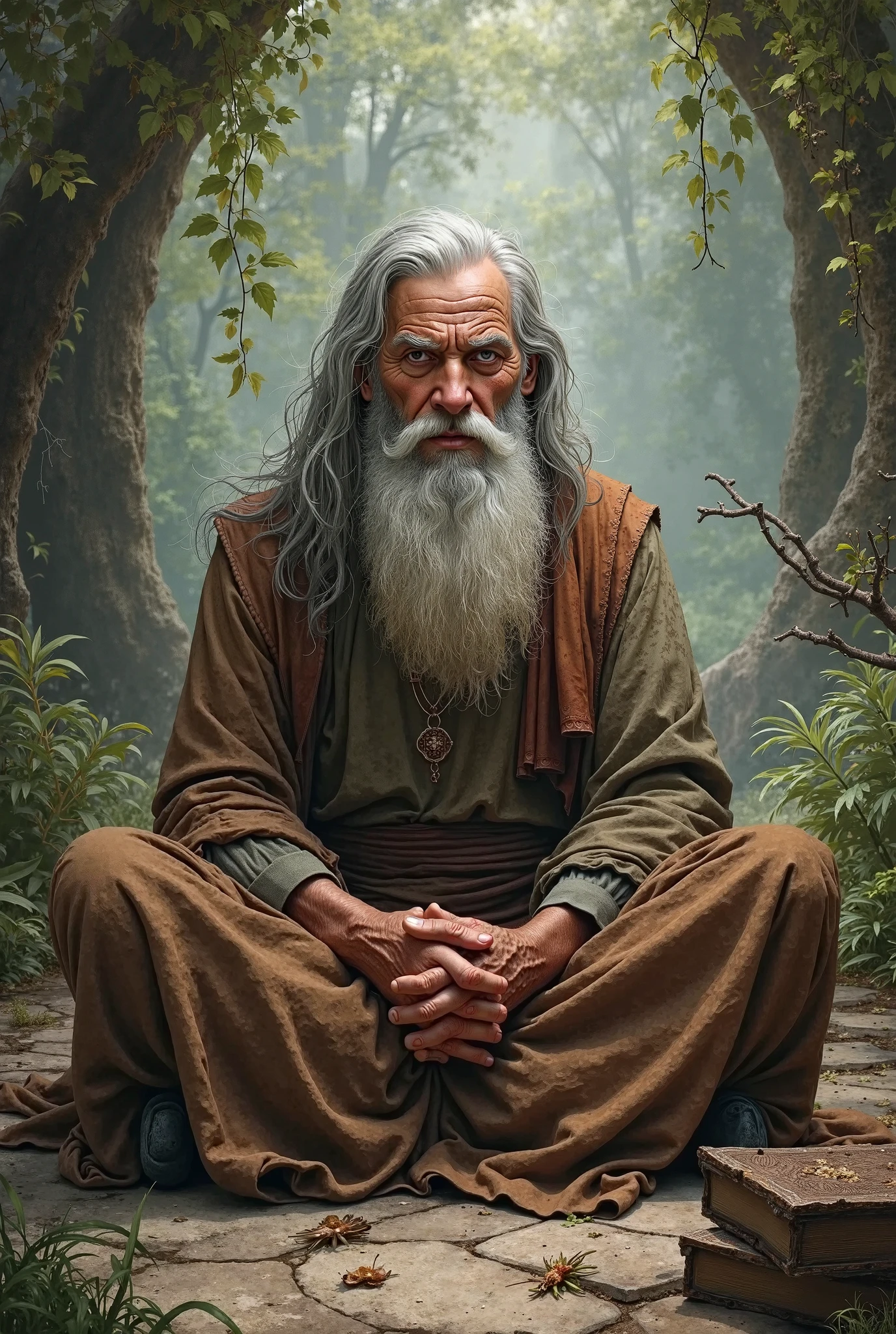 Arafed man with long white beard sitting on a stone path - SeaArt AI