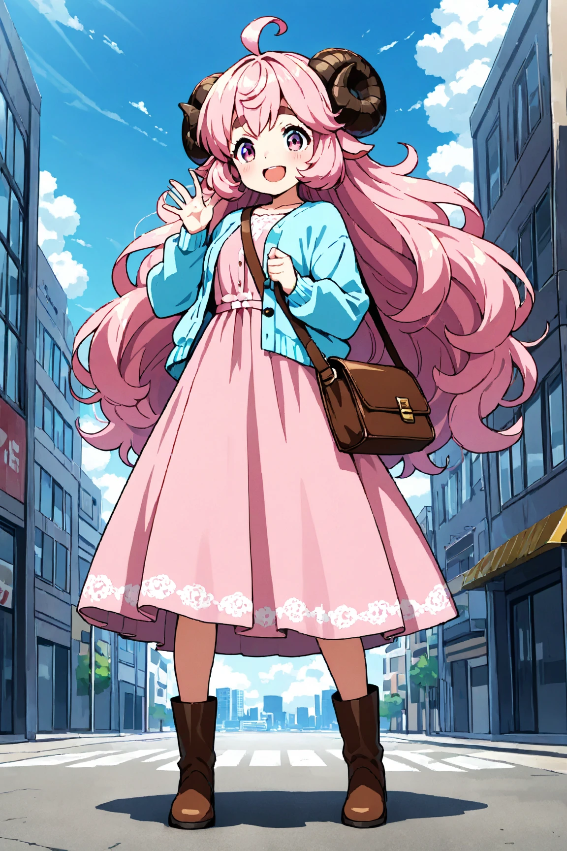 masterpiece, best quality, amazing quality, very aesthetic, high resolution, ultra-detailed, absurdres, newest, Anime screencap, highly detailed, high quality, Intricate:1.4, BREAK, (1girl, ひつじちゃん,  fluffy hair\long\pink, thick eyebrows:1.1, round sheep horns), BREAK, (pink long dress, sky blue cardigan, brown boots, brown shoulder bag), city
