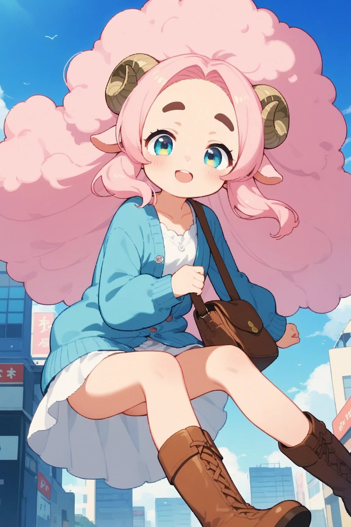 masterpiece, best quality, amazing quality, very aesthetic, high resolution, ultra-detailed, absurdres, newest, Anime screencap, highly detailed, high quality, Intricate:1.4, BREAK, (1girl, ひつじちゃん,  fluffy hair\long\pink, thick eyebrows:1.1, round sheep horns), BREAK, (pink long dress, sky blue cardigan, brown boots, brown shoulder bag), city
