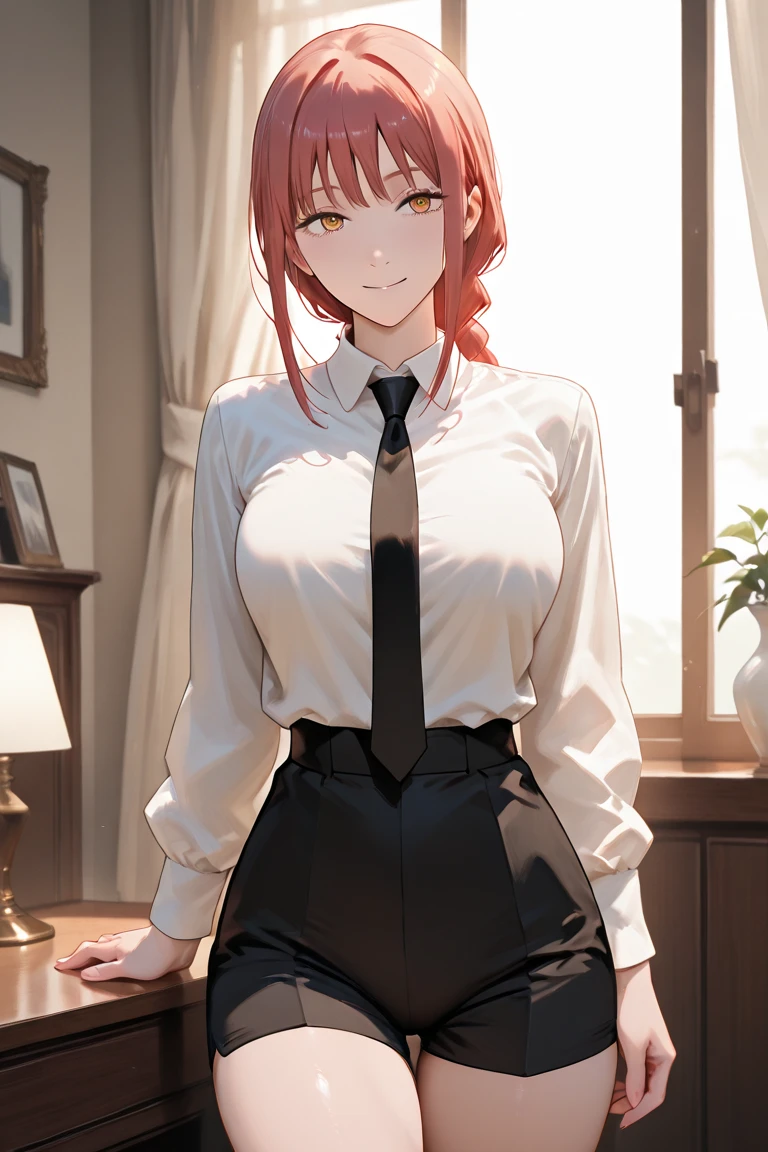 (masterpiece, highest quality:1.2), bazett, FGO, One girl, alone, short hair, Redhead, bangs, Red eyes, blush、Big Breasts, Black gloves, , tie, shirt, Upper Body, Earrings, (I'm taking off my pants:1.3、pantyhose:1.3、Cute white panties)、(On all fours、Backwards、look back)