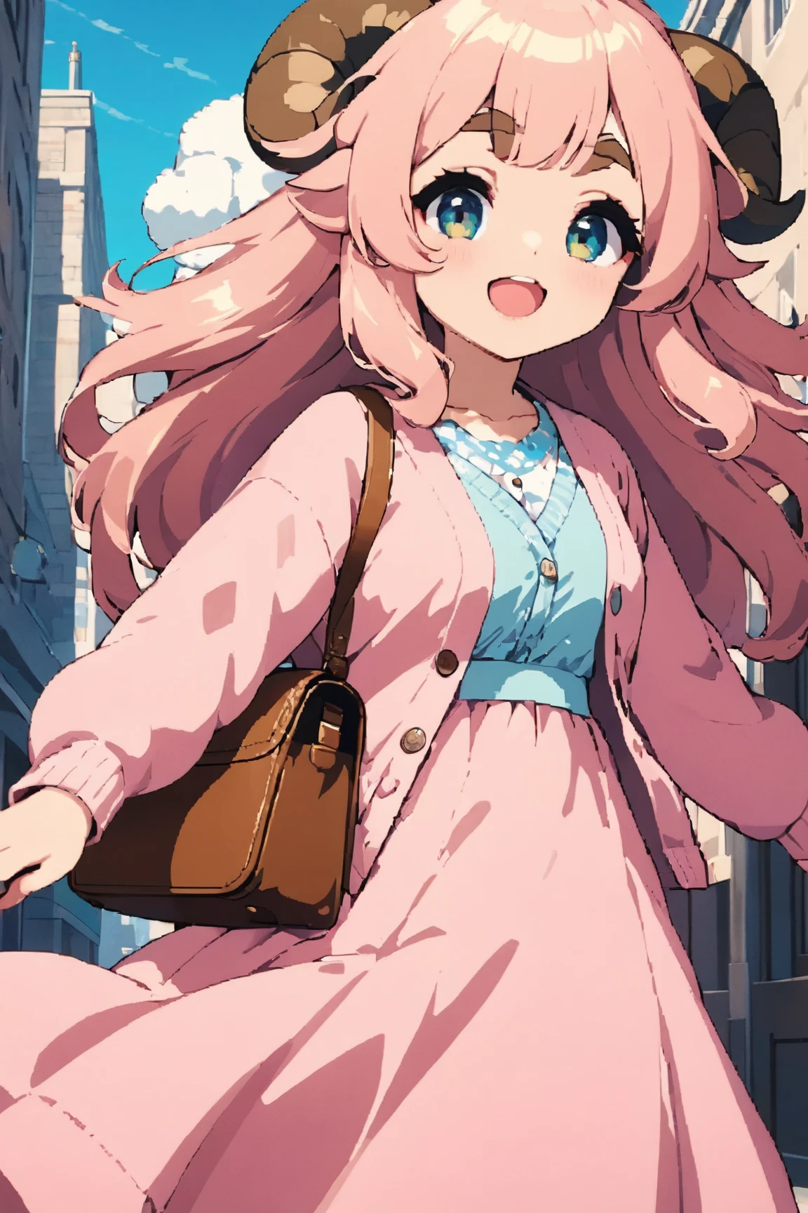 masterpiece, best quality, amazing quality, very aesthetic, high resolution, ultra-detailed, absurdres, newest, Anime screencap, highly detailed, high quality, Intricate:1.4, BREAK, (1girl, ひつじちゃん,  fluffy hair\long\pink, thick eyebrows:1.1, round sheep horns), BREAK, (pink long dress, sky blue cardigan, brown boots, brown shoulder bag), city
