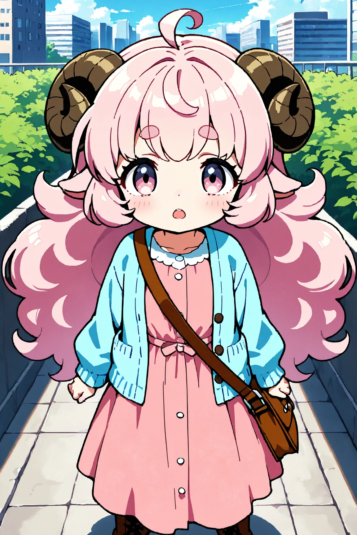 masterpiece, best quality, amazing quality, very aesthetic, high resolution, ultra-detailed, absurdres, newest, Anime screencap, highly detailed, high quality, Intricate:1.4, BREAK, (1girl, ひつじちゃん,  fluffy hair\long\pink, thick eyebrows:1.1, round sheep horns), BREAK, (pink long dress, sky blue cardigan, brown boots, brown shoulder bag), city