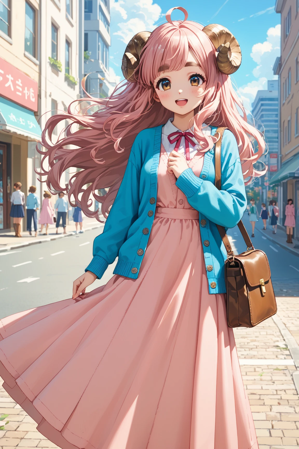 masterpiece, best quality, amazing quality, very aesthetic, high resolution, ultra-detailed, absurdres, newest, Anime screencap, highly detailed, high quality, Intricate:1.4, BREAK, (1girl, ひつじちゃん,  fluffy hair\long\pink, thick eyebrows:1.1, round sheep horns), BREAK, (pink long dress, sky blue cardigan, brown boots, brown shoulder bag), city
