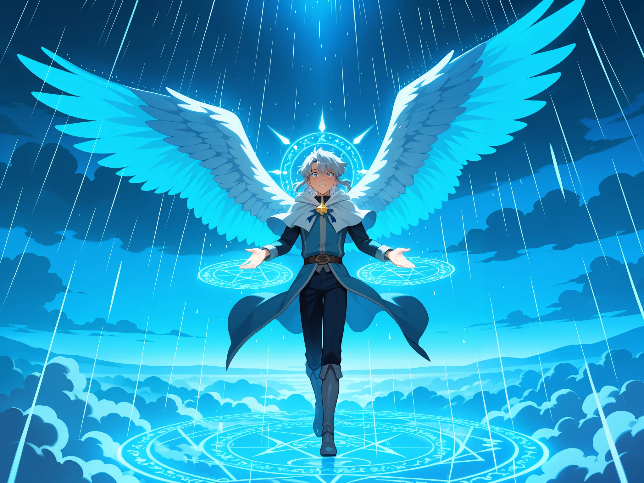 (ultra quality:1.2), anime enhancement, (artistic masterpiece:1.3), hyper-detailed shading, cinematic composition, perfect lighting, (very detailed face:1.5), safe, male focus, full body vision, Theme: What happens when it rains?, male fairies flying over the clouds, blue male fairies, male fairies with wings, gray tones, calm facial expression, handsome face, fairies touching the clouds, falling rain, magic circle, male fairies making it rain, cold palette, magical environment, rain, strong rain
