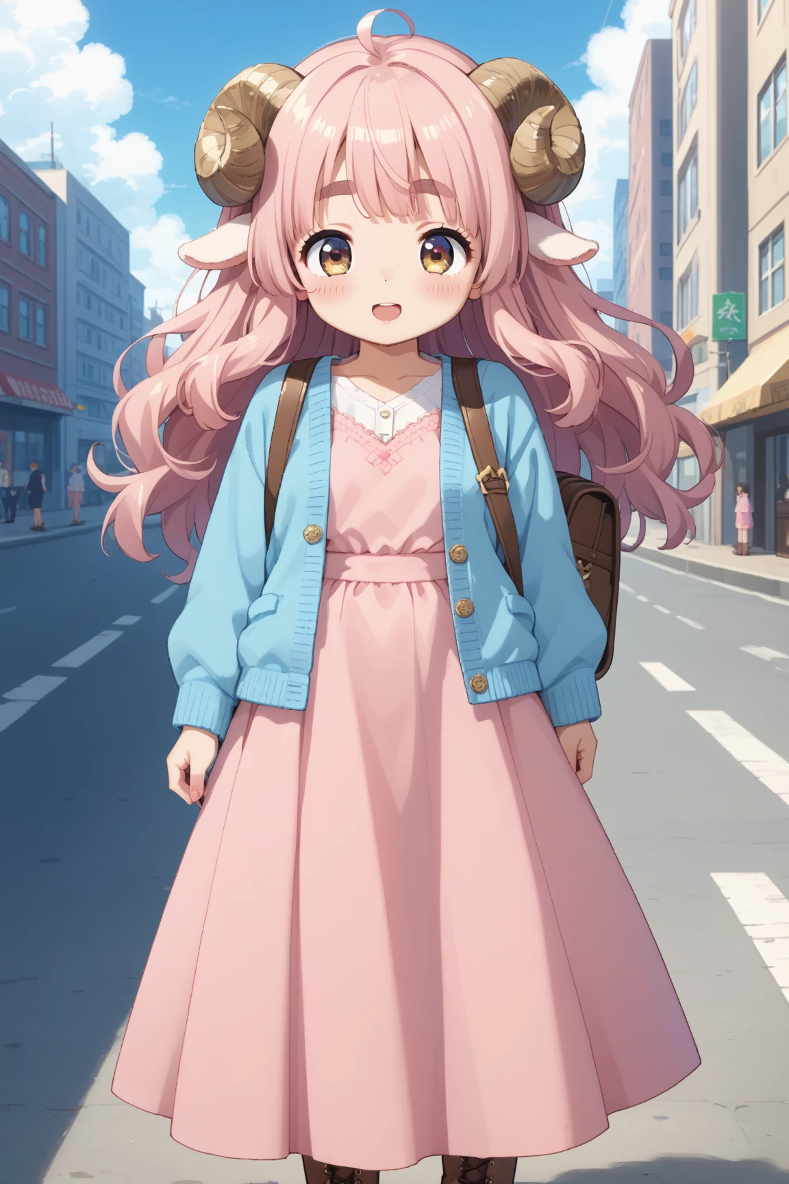 masterpiece, best quality, amazing quality, very aesthetic, high resolution, ultra-detailed, absurdres, newest, Anime screencap, highly detailed, high quality, Intricate:1.4, BREAK, (1girl, ひつじちゃん,  fluffy hair\long\pink, thick eyebrows:1.1, round sheep horns), BREAK, (pink long dress, sky blue cardigan, brown boots, brown shoulder bag), city