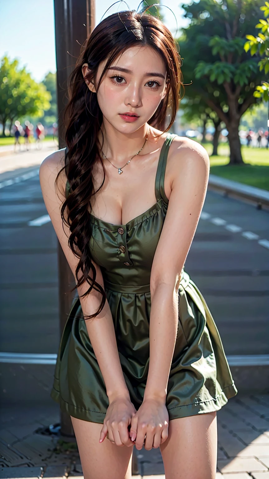 ((((Highest quality))))、(((Ultra-precision CG16K wallpaper)))、(((masterpiece)))、(((Super detailed)))、(((Extreme detail)))、((1Mature 29 year old woman:1.6))、((Very beautiful Japan face of a person))、((Urizane Face:1.8))、((Medium one-length straight hair:1.5))、(Shiny Hair)、A delicately drawn beautiful face、(Dark Eyes、Reflected light from the eye)、double eyelid、High nose、Small nostrils、Small Mouth、Seductive lips、Beautiful breasts、((B cup size breasts))、Cleavage、Delicate nails、Beautiful feet、((Thin thighs))、eight-headed body、Perfect proportions、Perfect Anatomy、Perfect composition、Beautiful detailed shading、Beautiful, natural lighting、Beautiful detail glow、Depth of written boundary、(((High chroma)))、(((Real:1.9)))、((vivid:1.5))、((Beautiful Skin))、((Skin Texture))、((Realな皮膚感))、(((Cowboy Shot:1.6)))、(((front view、shoot from front、front low angle:1.6)))、(((smile:1.6)))、(((looking at camera:1.6)))、Bright daylight、Natural light、(((background_Cobblestones、Paris cityscape:1.5)))、(Gravure idol standing pose:1.6)、(((Light green sleeveless collared lace knit mini dress:1.6)))、((necklace、Wearing earrings:1.5))、