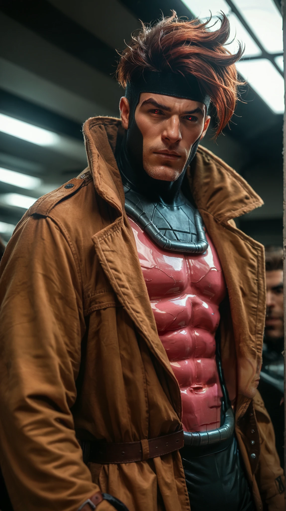 Dsk_Remy_Lebeau, 1boy, male focus, solo focus, auburn hair, black sclera, bodysuit, closed mouth, coat, colored sclera, facial hair, stubble, headband, muscular, open clothes, open coat, red eyes, thick eyebrows, trench coat, upper body ,extreme light and shadow, cinematic lighting, cinematic angle, score_9, score_8_up, score_7_up, score_6_up, score_5_up, score_4_up,