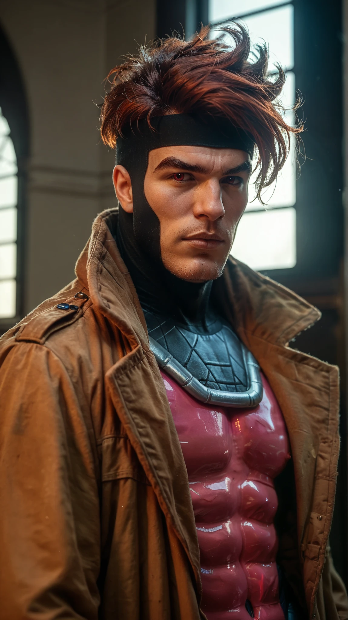 Dsk_Remy_Lebeau, 1boy, male focus, solo focus, auburn hair, black sclera, bodysuit, closed mouth, coat, colored sclera, facial hair, stubble, headband, muscular, open clothes, open coat, red eyes, thick eyebrows, trench coat, upper body ,extreme light and shadow, cinematic lighting, cinematic angle, score_9, score_8_up, score_7_up, score_6_up, score_5_up, score_4_up,