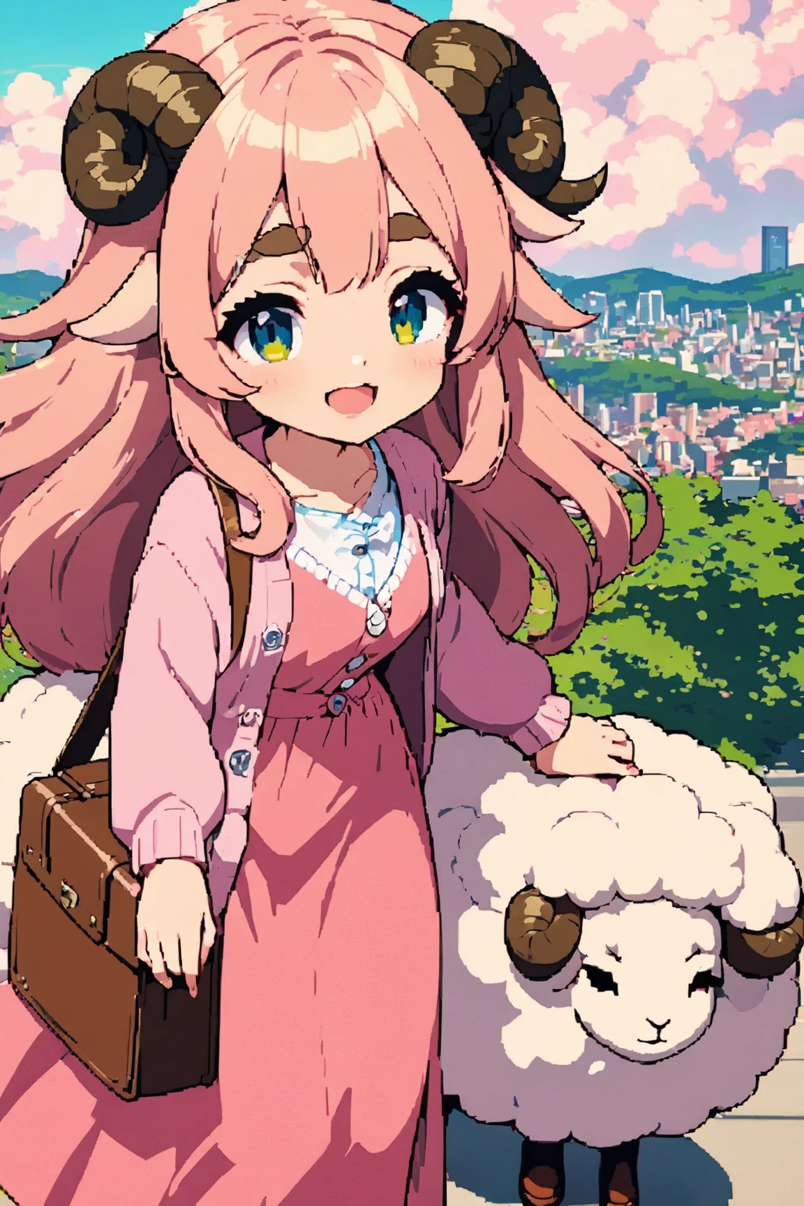 masterpiece, best quality, amazing quality, very aesthetic, high resolution, ultra-detailed, absurdres, newest, Anime screencap, highly detailed, high quality, Intricate:1.4, BREAK, (1girl, ひつじちゃん,  fluffy hair\long\pink, thick eyebrows:1.1, round sheep horns), BREAK, (pink long dress, sky blue cardigan, brown boots, brown shoulder bag), city