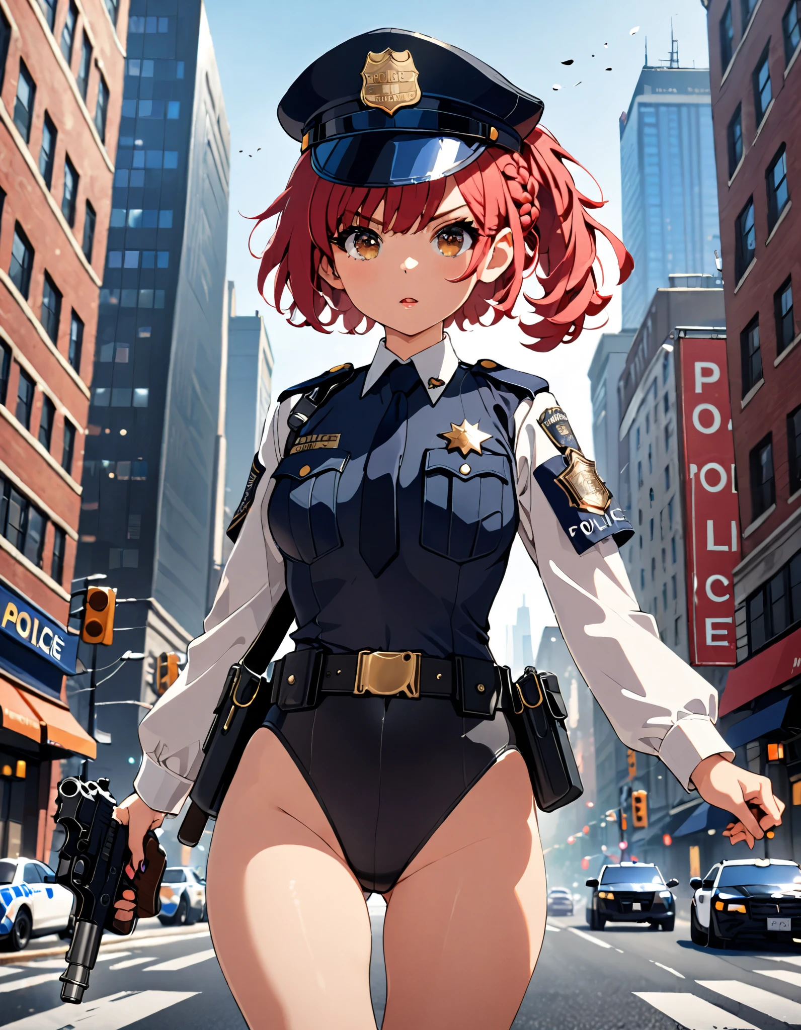 ((Best quality, 8k, Masterpiece :1.3)), 1girl, Pretty woman, cute face, (ponytail, short hair, braid, bangs, red hair, breasts), Ultra-detailed face, brown eyes, Detailed eyes, Double eyelid (full body shot,cowboy shot), perfect hands, perfect anatomy, perfect proportions, ((hat, black police hat)), ((leotard, police badge, matching leotard, bare legs)), ((boots, matching boots)), ((police uniform)), ((belt, tight belt)), (armbands, white sleeves, long sleeves), (holding a dl44blstr pistol), (running towards viewer), (serious expression:1.2, open mouth), full body costume design. solo,solo focus, city street backdrop, small starship in the background, depth of field, dutch angle, daytime, (fix hands)