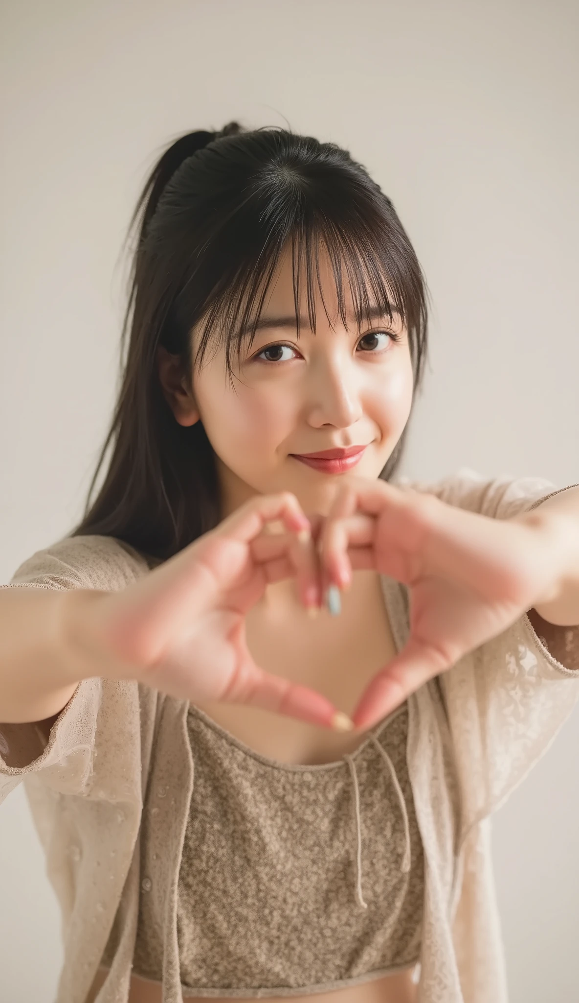 She wears a camisole, makes a heart shape with both hands, and poses in front of her chest, Close-up shot of a smiling face with one eye closed