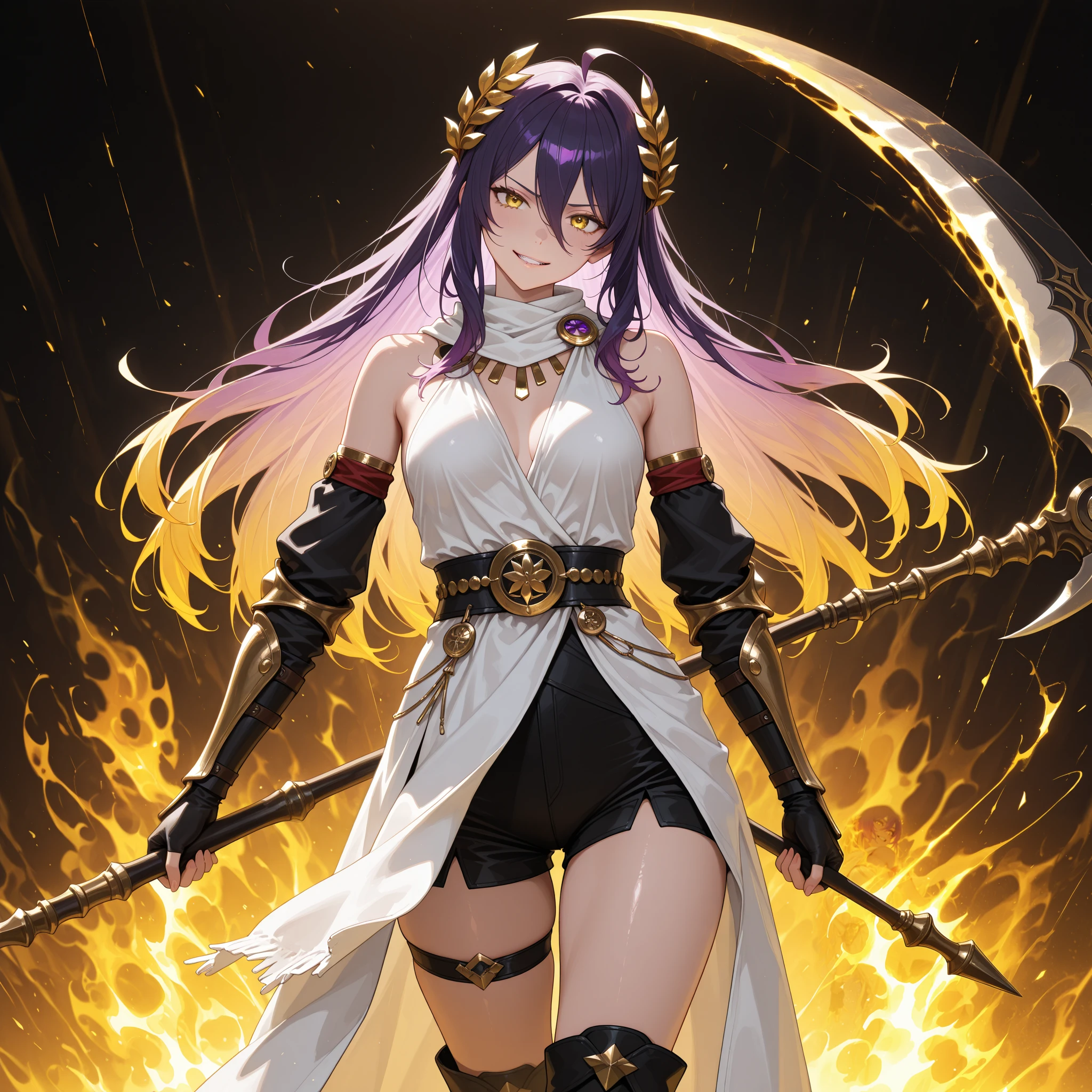 realistic lighting, masterpiece, highres, absurdres, depth of field, best quality, amazing quality, very aesthetic, high resolution, newest, hyper-detailed, 1girl, mature woman, cowboy shot, detailed skin, extremely detailed eyes, seeledef, purple hair, multicolored hair, long hair, hair between eyes, ahoge, white scarf, bare shoulders, detached sleeves, red armband, black gloves, fingerless gloves, black shorts, short shorts, thigh strap, black footwear, boots, ((laurel crown, golden hair:1.3), golden eyes:1.2), scowl, corrupted energy, foggy aura, glitch, small breasts, armor, head tilt, greek armor, golden aura, golden fire, ancient greek clothes, armored, vambraces, sadistic smile, kubrick stare, head tilt, wielding scythe, scythe