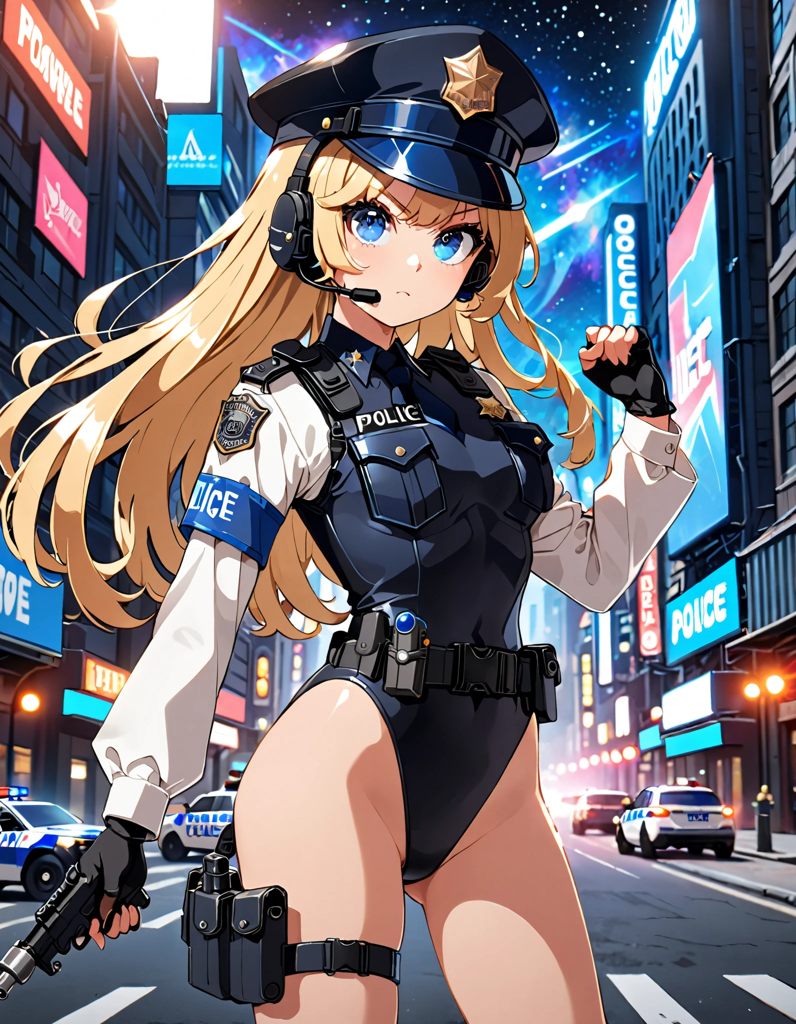 (masterpiece), (best quality), (high res), 1girl, tall body, ((long hair, blonde hair, bangs)), (blue eyes), beautiful detailed eyes, beautiful detailed face, cute face, (perfect hands, complete fingers), perfect anatomy, perfect proportions, ((hat, jet black police hat)), ((leotard, matching leotard, bare legs)), ((boots, matching boots)), breasts, medium breasts, (tactical headset), fingerless gloves, (full body portrait), looking at viewer, solo, solo focus, aggressive action pose, police uniform, shoulder pads, cowboy shot, galactic street backdrop, outdoors, (high-waisted belt, tight belt), (armbands, white sleeves), holster, ahoge, using dl44blstr, serious expression, shootout, blaster bolts, full body costume design. (fix hands)