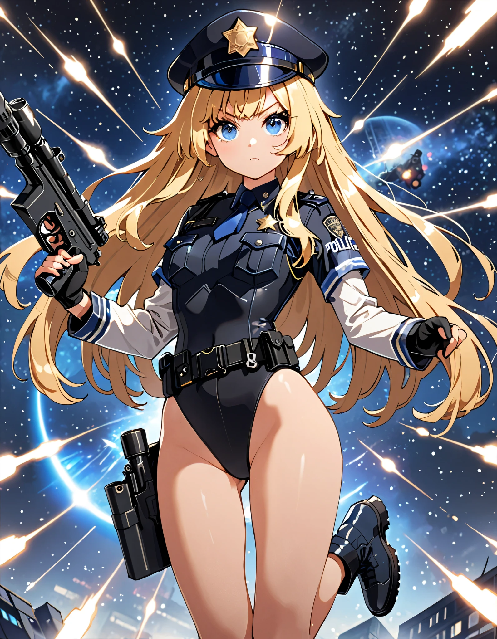 (masterpiece), (best quality), (high res), 1girl, tall body, ((long hair, blonde hair, bangs)), (blue eyes), beautiful detailed eyes, beautiful detailed face, cute face, (perfect hands, complete fingers), perfect anatomy, perfect proportions, ((hat, jet black police hat)), ((leotard, matching leotard, bare legs)), ((boots, matching boots)), breasts, medium breasts, (tactical headset), fingerless gloves, (full body portrait), looking at viewer, solo, solo focus, aggressive action pose, police uniform, shoulder pads, cowboy shot, galactic street backdrop, outdoors, (high-waisted belt, tight belt), (armbands, white sleeves), holster, ahoge, using dl44blstr, serious expression, shootout, blaster bolts, full body costume design. (fix hands)