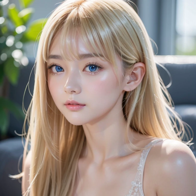 Amazing beauty of the world、clear white glossy skin、Bright blonde with a nasty look in front of her pretty face、Sexy big 20 year old cute beautiful girl、Sexy little beautiful face、bright, Glossy and very beautiful blonde straight hair、Bangs dancing in front of cute beautiful face、long silky bangs covering pale white light blue eyes,,,、Super long hair with hair that hides a sexy face、sexy cute young woman、Very beautiful super long blonde shiny and beautiful hair、small face beauty、brightexpression、Glossy skin、cheek gloss, super high quality, 8k，High Resolution Skins, Actual,1 person，whole body，Persistence，blonde, Long Hair，Large Breasts，Peach butt transparent T-back、Transparent lace nightgown