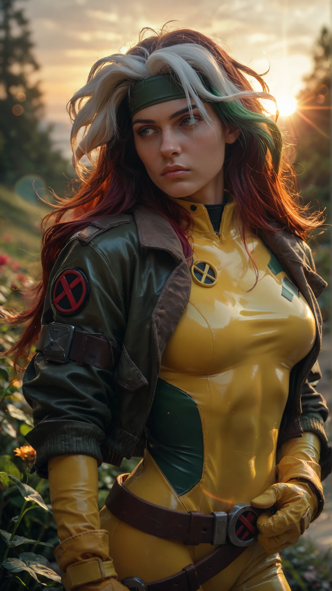 score_9, score_8_up, score_7_up, 1girl, solo, breasts, DEFrogue, long hair, dyed bangs, headband, bodysuit, jacket, yellow gloves, belt, outdoors, lens flare, sunset, depth of field,