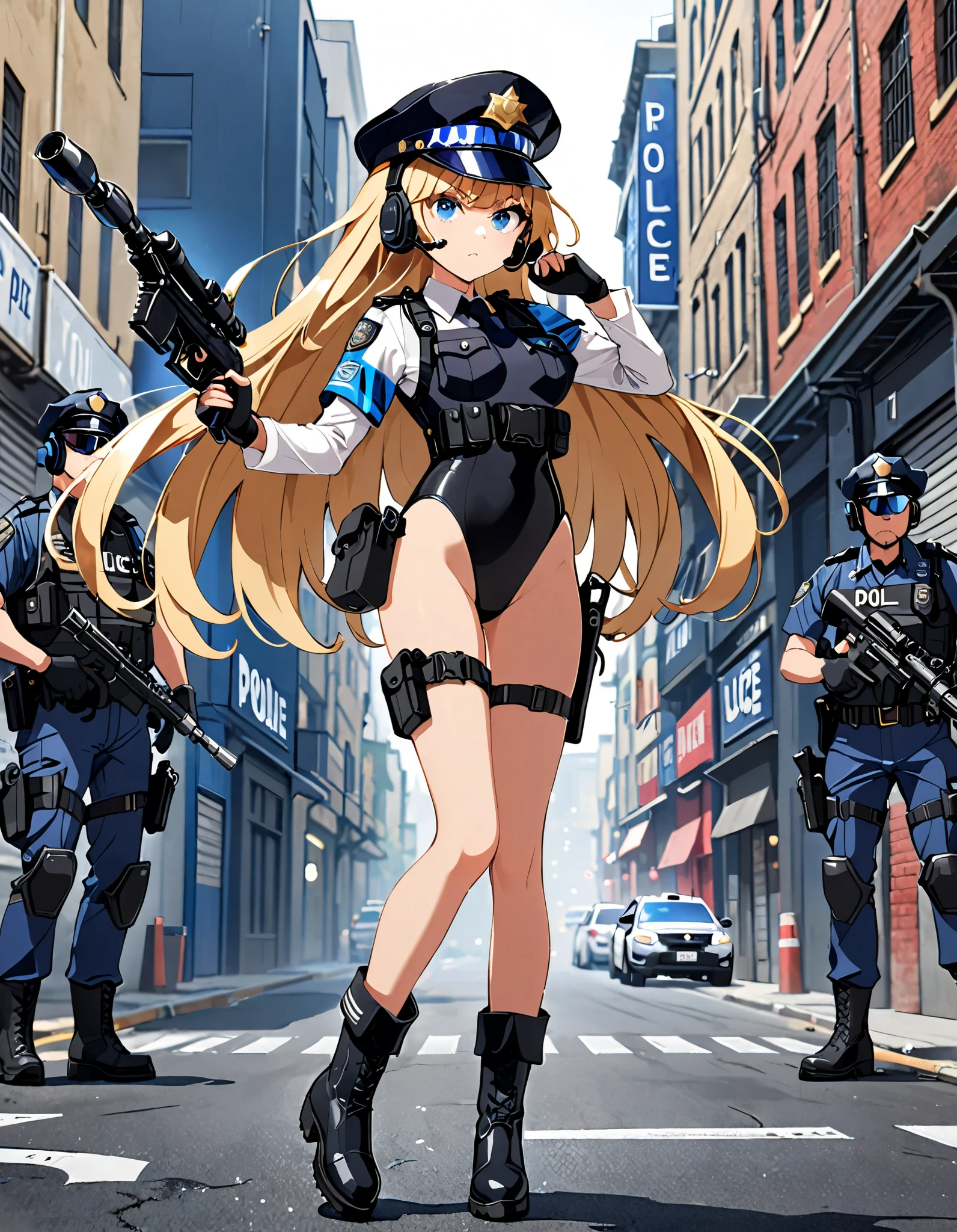 (masterpiece), (best quality), (high res), 1girl, tall body, ((long hair, blonde hair, bangs)), (blue eyes), beautiful detailed eyes, beautiful detailed face, cute face, perfect hands, complete fingers, perfect anatomy, perfect proportions, ((hat, jet black police hat)), ((leotard, matching leotard, bare legs)), ((boots, matching boots)), breasts, medium breasts, (tactical headset), fingerless gloves, (full body portrait), looking at viewer, solo, solo focus, aggressive action pose, police uniform, shoulder pads, cowboy shot, galactic street backdrop, outdoors, (belt, tight belt), (armbands, white sleeves), holster, ahoge, using dl44blstr, serious expression, shootout, blaster bolts, full body costume design. (fix hands)