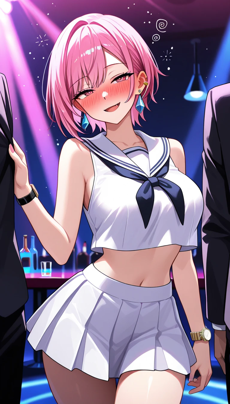 (nfsw:1.2),(1 girl),(Best Picture Quality, 8K, Masterpiece:1.3), (high school student:1.5), ((pink lob hair:1.1)), (bob cut),(swept bangs), (cute eyes, pupil black, iris skyblue, youthful face), (mole under right eye), (standard weight), (small breasts), (glistening skin:1.1),(pink playboy bunny costume:1.2), VIP lounge in casino, (nipples:1.3), steam, (sweat:1.3), sexual excitation, cowgirl position, (penis:1.2),