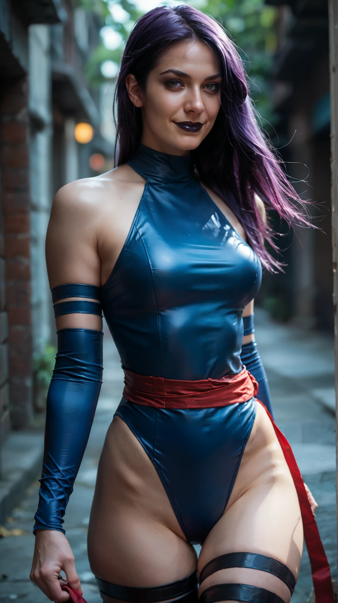 score_9, score_8_up, score_7_up, solo, source_anime,1girl,psylocke, leotard, thigh highs, elbow gloves, sash, bare shoulders, soft smile, dark lipstick,