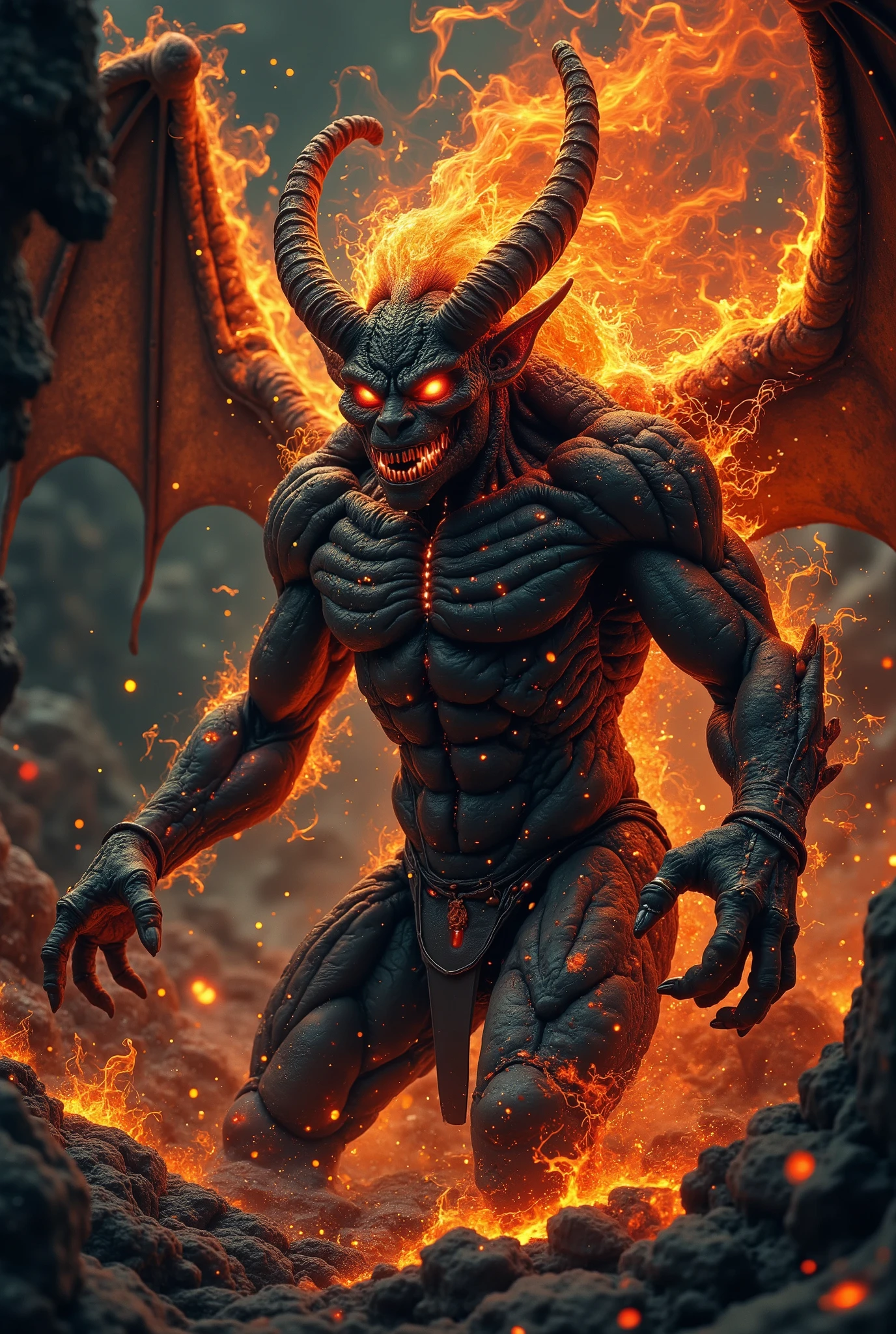 (8k, RAW photo, highest quality), hyperrealistic, intricate abstract, intricate artwork, abstract style, striking portrait, menacing, otherworldly creature, [demon:darkness:25], [flames:magma:25], with swirling flames cascading from its body, fearsome power and ethereal presence, non-representational, colors and shapes, expression of feelings, imaginative, highly detailed, extremely high-resolution details, photographic, realism pushed to extreme, fine texture, 4k, ultra-detailed, high quality, high contrast