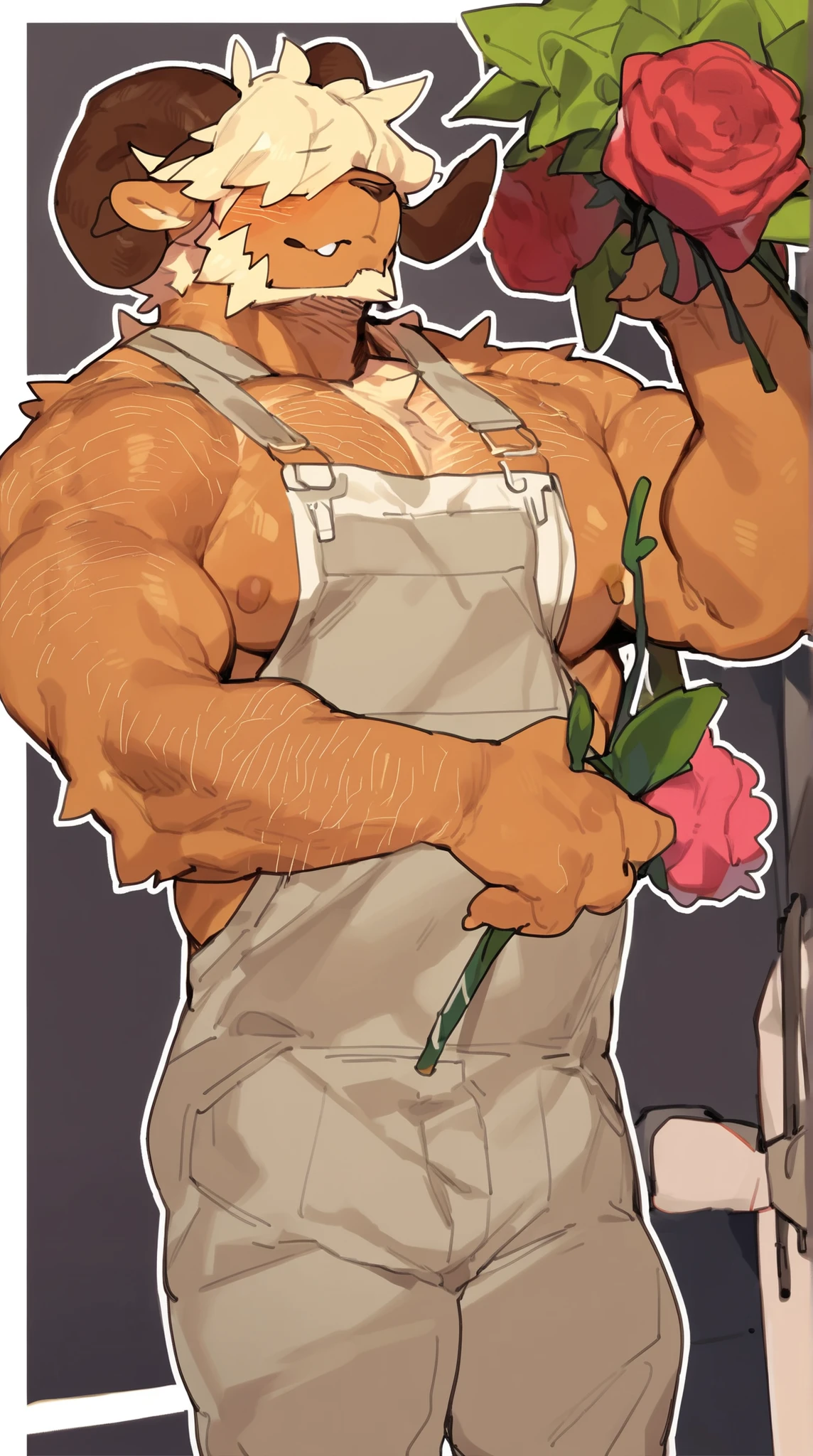bara ram, full body, perfect anatomy, masterpiece, hunk, huge ram horns, florist, thin beard, dynamic light, blond afro haircut, afro covering the eyes((, the hair is covering the eyes):1.1), hair shoulders, hairy chest, hairy arms, solo, ((great lighting, by bebebebe, by ZIXiong, by zackary911, by SligarTheTiger, by RED8EAN, white outline, very detailed face):1.1), solo, working in a flower shop, detailed face expression, looking at the viewer, florist outfit, oversized dirty denim work overalls, holding flowers
