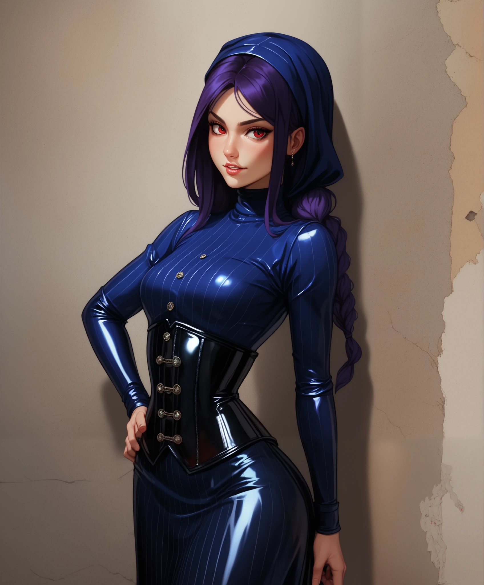 (masterpiece, best quality:1.2), 1girl, solo, margaret, persona 4, blue tufted dress with gold trim, grey hair, yellow eyes, large lips, hairband, lipstick, black pantyhose, high heels, simple background <lora:MARGARET4-05:0.9>