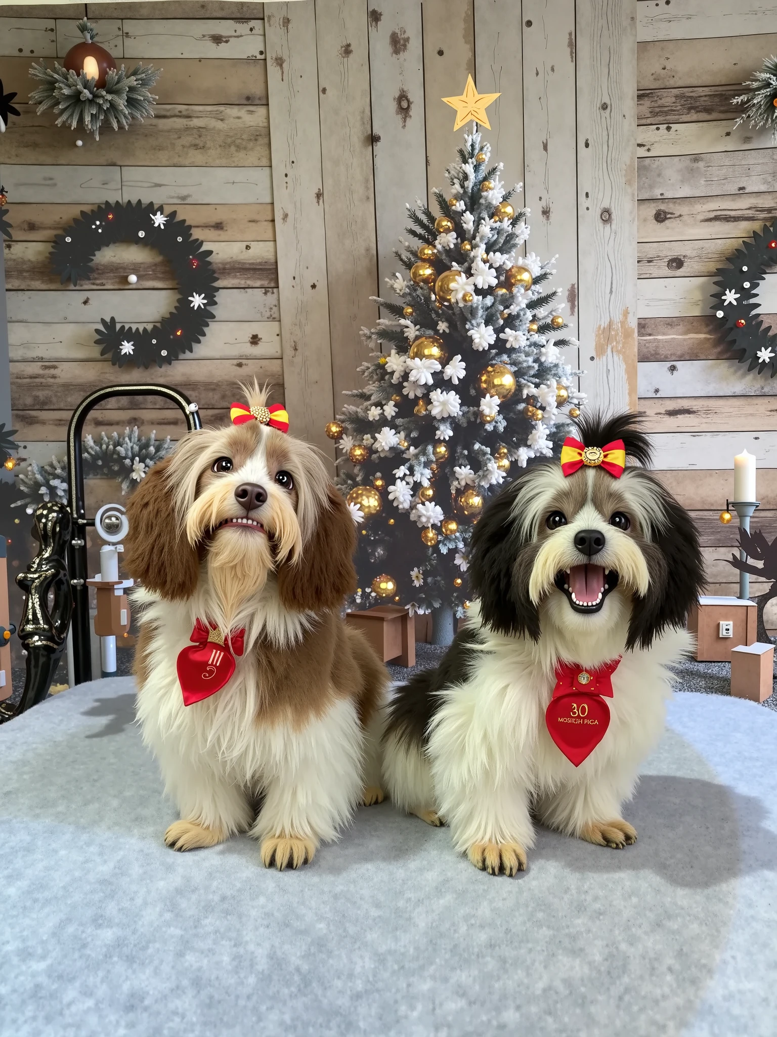 Two dogs wearing party hats sit in front of a christmas tree - SeaArt AI