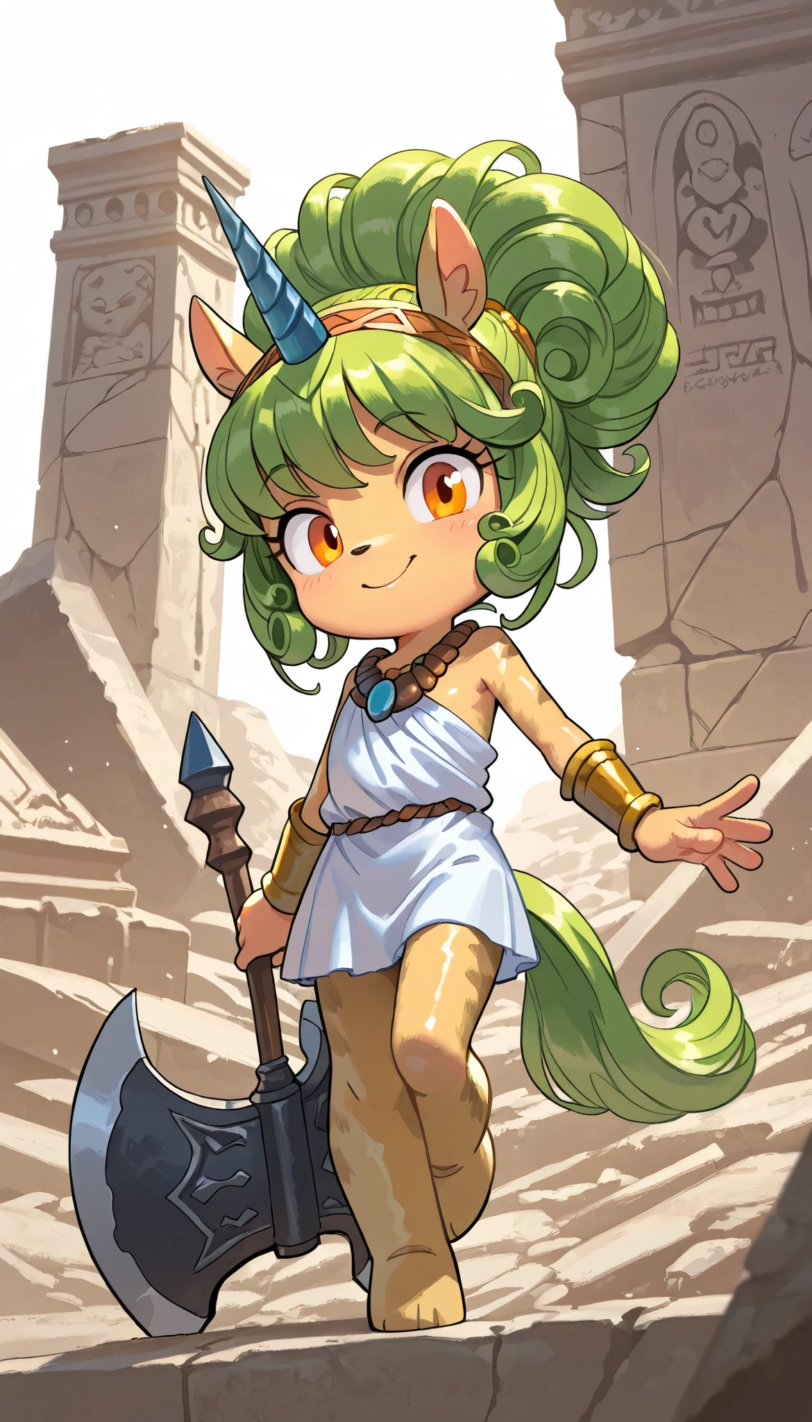 score_9, score_8_up, score_7_up, 1girl, solo, masterpiece, best quality, amazing quality, very aesthetic, absurdres, source furry, kirin, mobian kirin, orange eyes, beige body fur, green hair, curly bangs, short curly hairstyle, kirin horn, pony ears, pony features, looking at viewer, smile, oily skin, (short body, tiny body), big head, closeup, ((ancient greek dress)), full body, horse tail, ancient greek ruins on background, holding a great axe, small chest, prepare to fight,