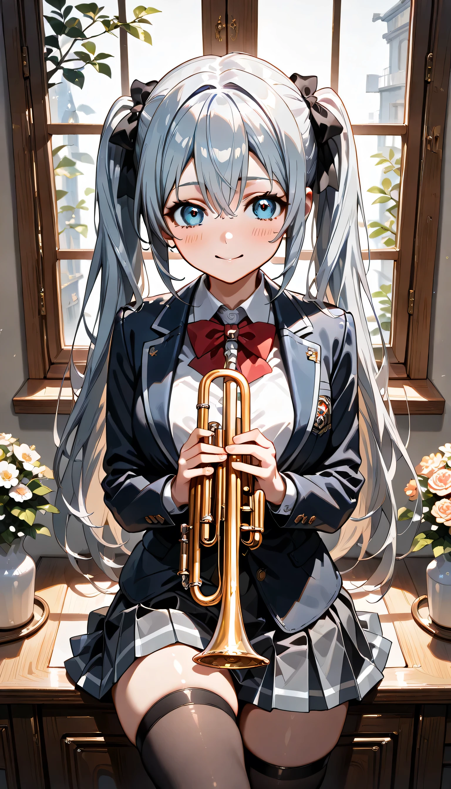 ((ultra-detailed)), (highly detailed CG illustration), (best quality:1.2), ultra-highly detailed, colorful composition, artistic photoshoot, 1girl, solo focus, ((thigh to top:1.4)), ((cowboy shot:1.4)), moe anime character,  girl, dainty facial structure, (bab(round face), ((rounded chin:1.2)), ((ideal ratio body proportions)), celia-default, celia claire, (blue eyes), sparkle eyes, silver hair color, two side up, (hair ribbon with red), ((play the trumpet:1.4)), ((trumpet that shines reflecting the sunlight:1.4)), ample breasts, school uniform, deep royal blue blazer, modern style with fitted jacket, red neck bow, long sleeves white frilled shirt, deep royal blue pleated skirt, and black high socks, from front, expecting, pink cheek, blush, light pink gloss slip, petals glowing and fluttering, best quality, masterpiece, sitting by the victorian garden with flowers, beautiful detailed sky, portrait, depth of field, soft lighting, sidelighting, (shine), lighting, caustics, ray tracing, smile, perfect face, lustrous skin, highly  detailed face, highly detailed eyes, perfect face, perfect nose, perfect hair, perfect eyes, perfect anatomy, beautiful hair, beautiful small face, extremely detailed face, beautiful detailed eyes, beautiful clavicle, beautiful body, beautiful ample breasts, leavage, breasts squeezed together, equalize the size of the left and right breasts, beautiful thin thighs,  beautiful legs, beautiful fingers, 4 fingers, 1 thumb, lovely, (very detailed background:1.0), (highly detailed background:1.0), spring aesthetic, intricate details, enjoy the performance atmosphere, spring colors palette, chromatic aberration