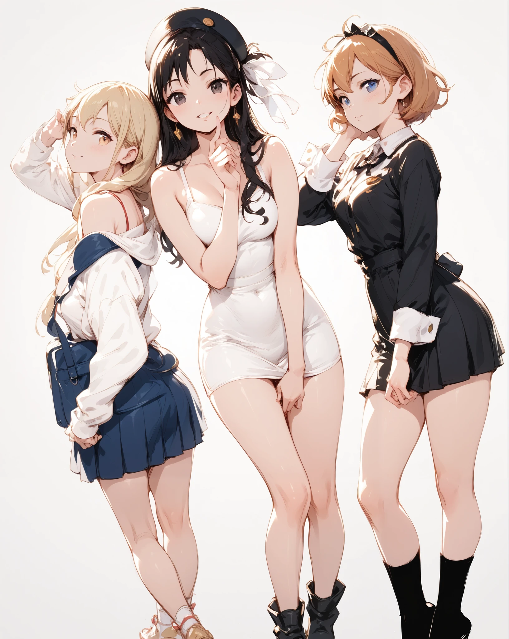 masterpiece, best quality, simple background, random hairstyle, large breasts, summer, 3 girls, full body, skirt,