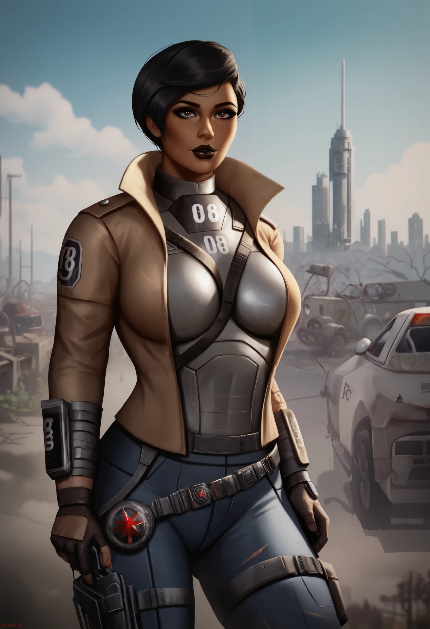 beautiful detailed eyes, beautiful face, Fallout NCR ranger latina girl, pixie-cut jet black hair, dark lipstick, caramel skin, NCR Ranger dustier gear, outdoors, city ruined by nuclear war, no helmet, NCR Ranger dustier gear without helmet, wasteland outdoors, city ruined by nuclear war, (no helmet!)