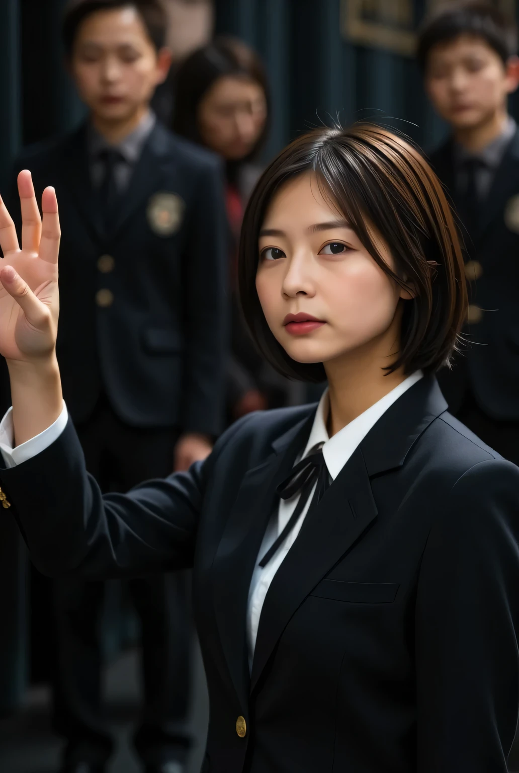  Dramatic Scenes , shadow, Global Illumination, alone,  retro female student photo :1.331, realistic, Beautiful Japanese woman's face, On the stage in the high school auditorium:1.5, She does a V sign with her hand:1.5, side view :1.331, very realistic photo,   super real, photorealistic, Perfect Anatomy:1.21,  small head:1.21,  nervous expression, Close your lips , Portrait of a Japanese Woman:1.21, A plain blazer uniform from a famous high school in the city, Black blazer:1.331,  white shirt:1.21, Black thin loop ribbon :1.331,  black hair:1.21,  bob cut hair:1.21, Beautiful Japanese Woman's Face with No Makeup:1.21, Detailed Iris, Sharp eyebrows:1.37,  detailed face, Glowing Skin:1.21, Many Performers Blurry in the Background, Silky Screen, Hall Lighting, The dynamic, cinematic lighting shines,