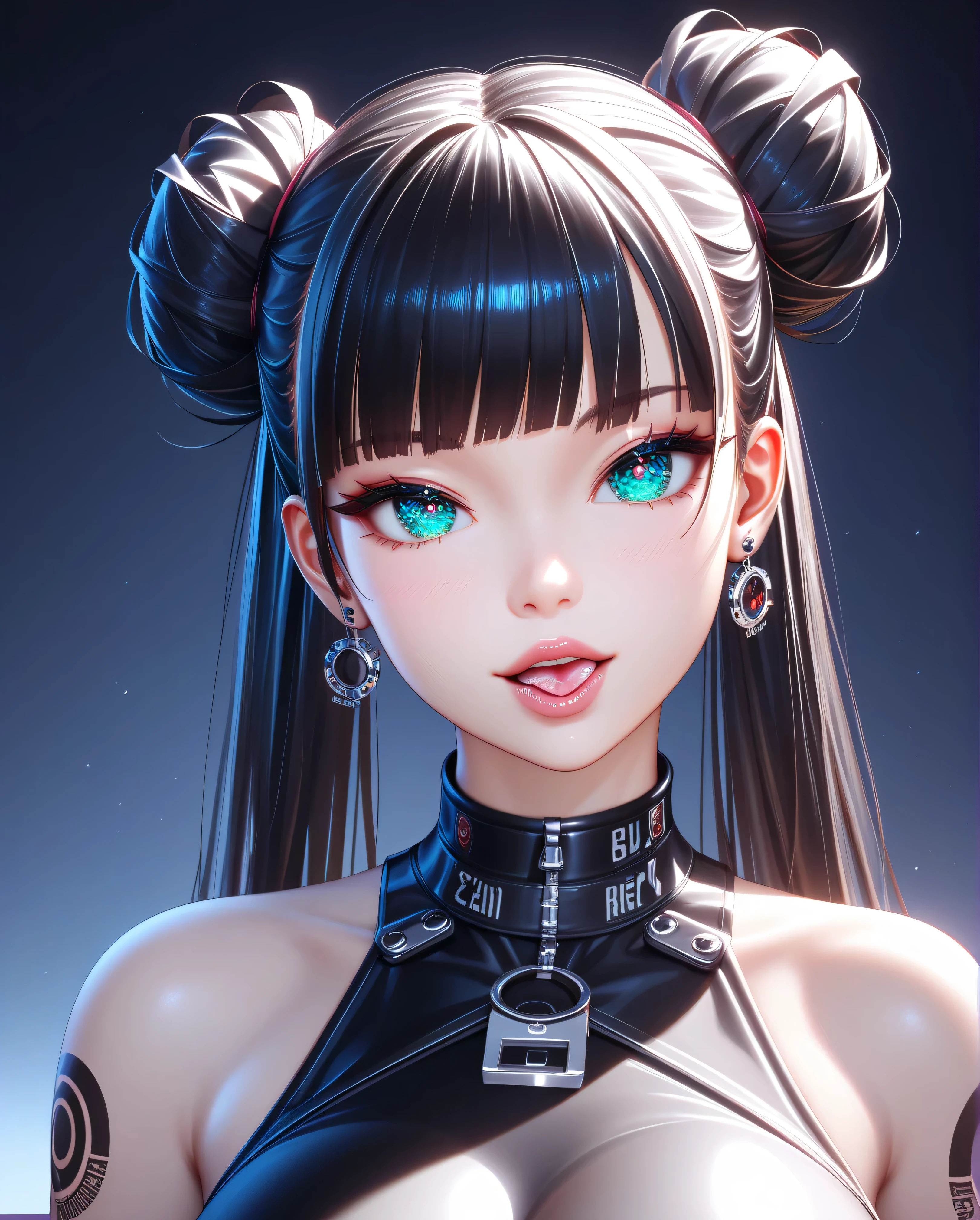 deep border 1.2, tall Highly detailed, gorgeous lips, portrait girl ((best quality:1.2), (head tilt:1.3) (ultra-detailed:1.2), (2.5D:1.2), (Anime Moe Art Style), (no broken hands), (detailed eyes best quality,amazing quality), ((Supermodel)), (sexy photoshoot), ecchi, ultra sexy cute woman, hair in dual buns with bright black and pink, long hair, Cyan eyes, large breasts, emo style), (detailed face, high quality, masterpiece), tattoo, piercing, bite your lip, Nikon D850 film stock photograph Kodak Portra 400 camera f1.6 lens, rich colors, lifelike texture, dramatic lighting, unreal engine, trending on ArtStation, cinestill 800 tungsten, open mouth, show your detailed tongue, 3d render, detailed rendering model