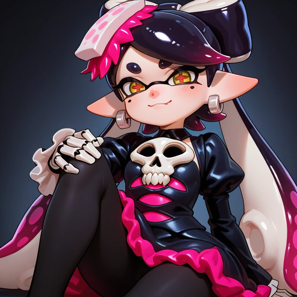 ( best quality、masterpiece、 very detailed、one girl 、callie form splatoon, cute face、From the knee up、 gothic ta fashion 、  detail eye 、Small red cheeks and nose、 cute face、((💀、☠、 girl 、💀)))、callie form splatoon