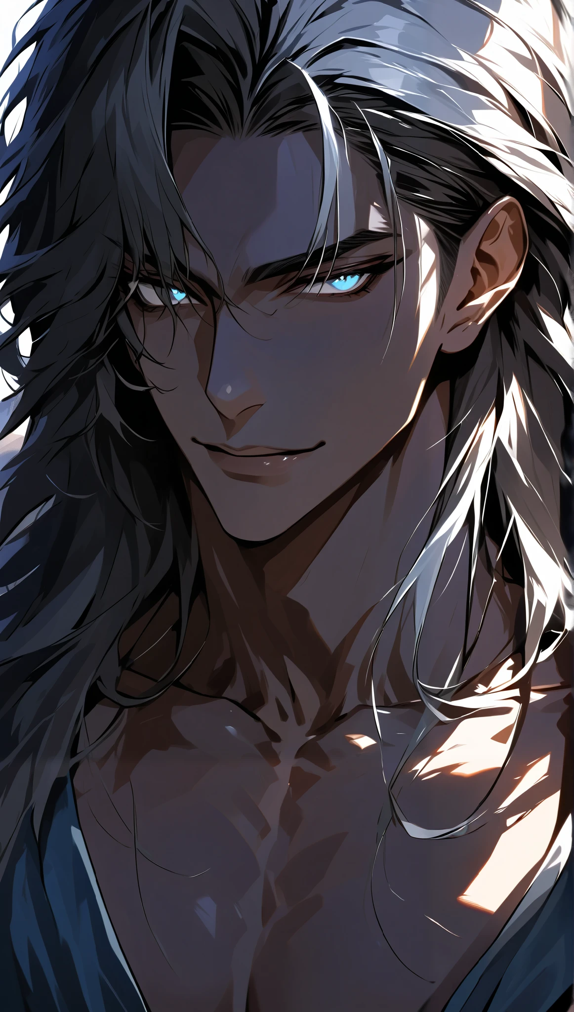 (masterpiece, high resolution, Top quality), unique , 1 male, 29-year-old male , nice, Sexy , tanned skin , dark haired, long hair , blue-grey eyes , sly smile , black skin, grey hair streak