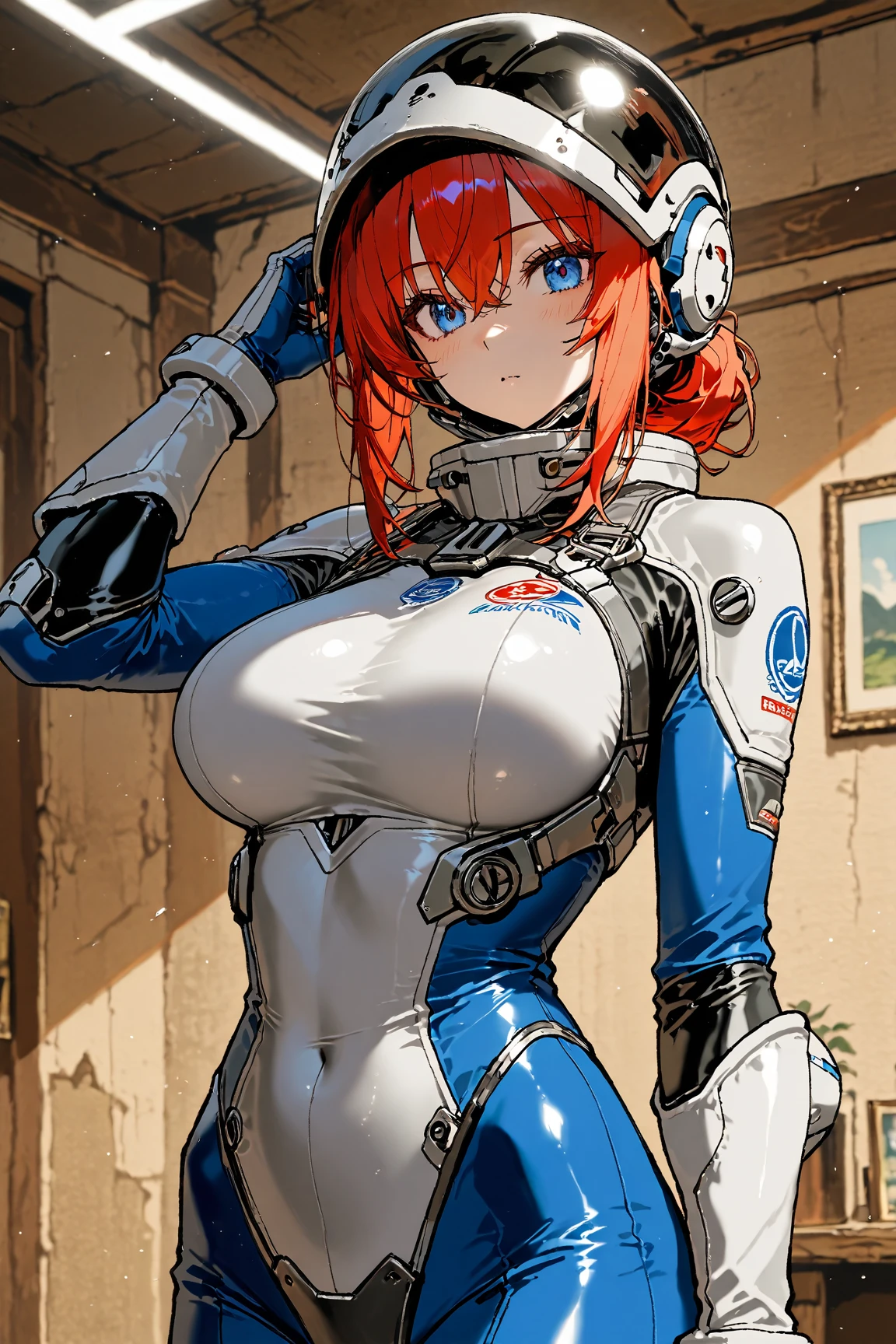 (best quality,high resolution,Ultra Detailed,Practical),Grande Ariana,(Orange glass full face helmet :1.4) ,(Face visible through helmet:1.4 ) ,White tights,Orange Heavy Armor,Cowboy shooting,(on a space station:1.4 ) ,Science fiction,Super detailed,Clear focus,Aesthetic,(best quality), (Beautiful blue eyes :1.4), (Hand Details:1.4 ), (Perfect anatomical structure:1.4 ) huge , Crazy breast swelling, Chest larger than shoulder blades, Big breasts and thin waist，(huge breasts:1.2)，Hydrated skin（（rogue））（（非常huge乳房）），（（Grooves reveal original skin）)