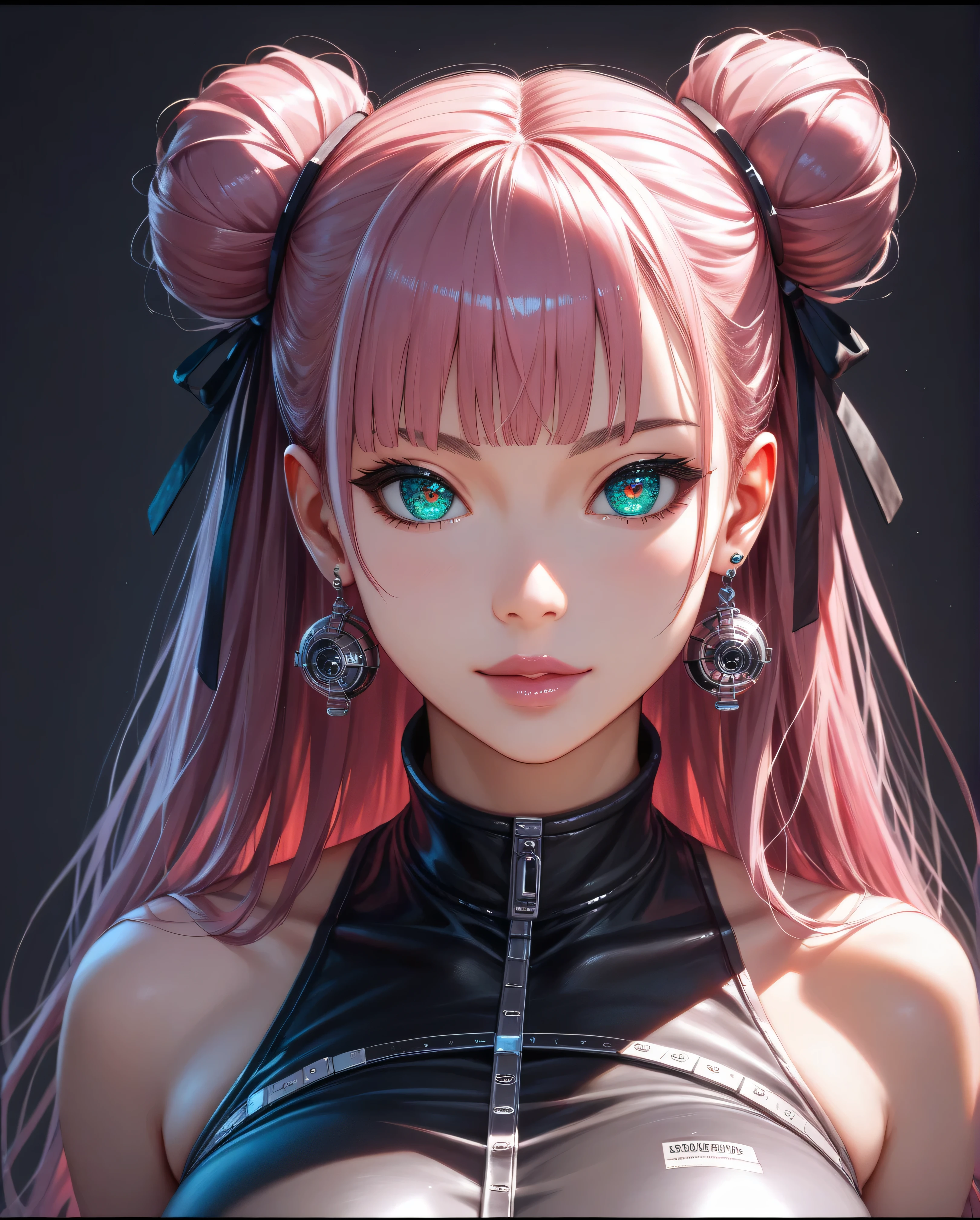 deep border 1.2, tall Highly detailed, gorgeous lips, portrait girl ((best quality:1.2), (ultra-detailed:1.2), (2.5D:1.2), (Anime Moe Art Style), (no broken hands), (detailed eyes best quality,amazing quality), ((Supermodel)), (sexy photoshoot), ecchi, ultra sexy cute woman, hair in dual buns with bright black and pink, long hair, Cyan eyes, large breasts, emo style), (detailed face, high quality, masterpiece),