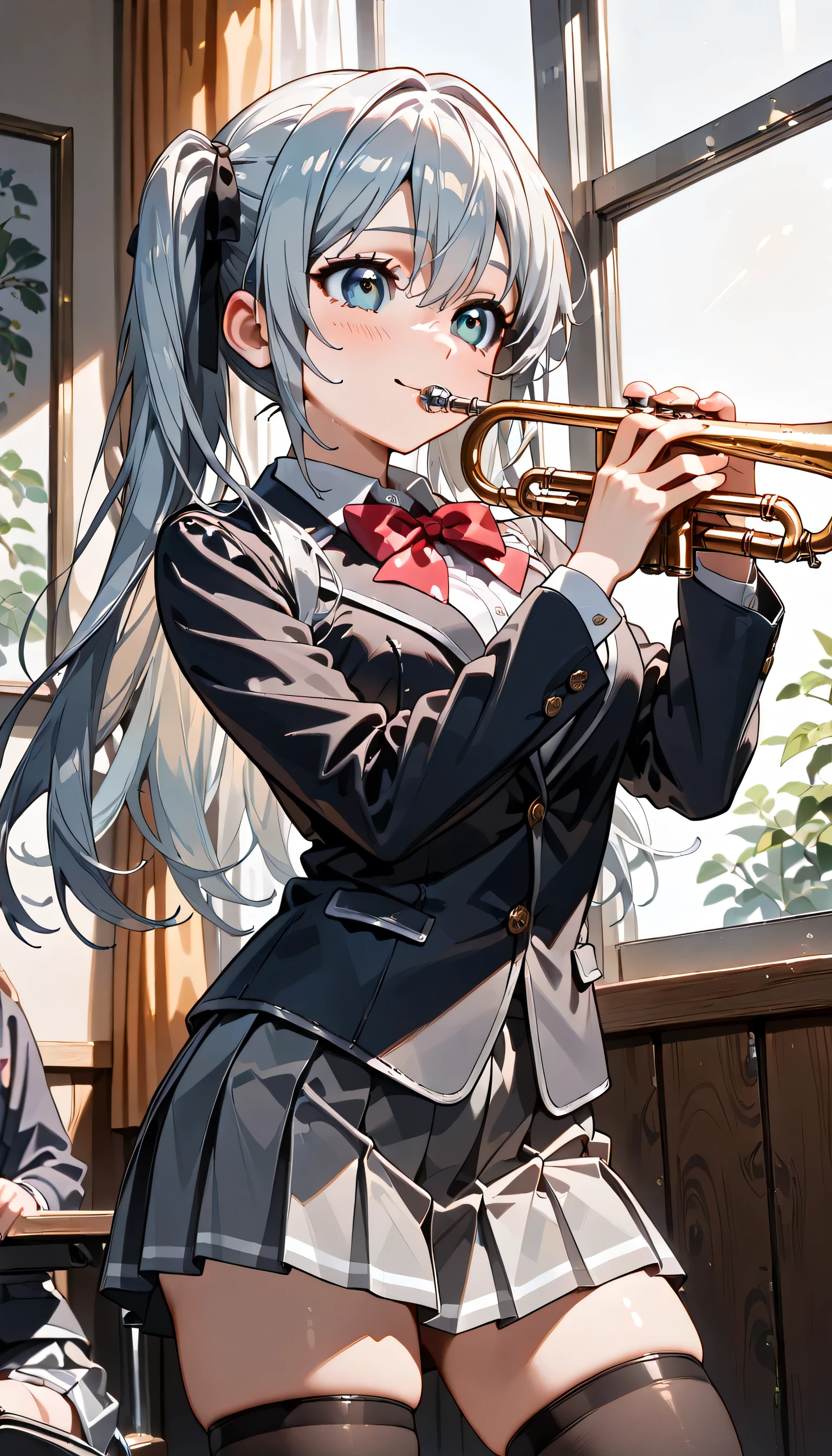 ((ultra-detailed)), (highly detailed CG illustration), (best quality:1.2), ultra-highly detailed, colorful composition, artistic photoshoot, 1girl, solo focus, ((thigh to top:1.4)), ((cowboy shot:1.4)), moe anime character, girl, dainty facial structure, (baby fand face), ((rounded chin:1.2)), ((ideal ratio body proportions)), celia-default, celia claire, (blue eyes), sparkle eyes, ((silver hair color)), ((two side up)), (hair ribbon with red), ((smile:1.2)), ((blush1.2)), ((play the trumpet:1.4)), ((trumpet that shines reflecting the sunlight:1.4)), ample breasts, school uniform, navy blue blazer, modern style with fitted jacket, red neck bow, long sleeves white frilled shirt, navy blue pleated skirt, and black high socks, from front, expecting, pink cheek, blush, light pink gloss slip, standing by by the window in a school classroom, beautiful detailed sky, the shining sunlight shines through the window, dynamic pose, contrapposto pose, best quality, masterpiece, portrait, depth of field, soft lighting, sidelighting, (shine), lighting, caustics, ray tracing, smile, perfect face, lustrous skin, highly detailed face, highly detailed eyes, perfect face, perfect nose, perfect hair, perfect eyes, perfect anatomy, beautiful hair, beautiful small face, extremely detailed face, beautiful detailed eyes, beautiful clavicle, beautiful body, beautiful ample breasts, leavage, breasts squeezed together, equalize the size of the left and right breasts, beautiful thin thighs, beautiful legs, beautiful fingers, 4 fingers, 1 thumb, lovely, (very detailed background:1.0), (highly detailed background:1.0), spring aesthetic, intricate details, enjoy the performance atmosphere, spring colors palette, chromatic aberration