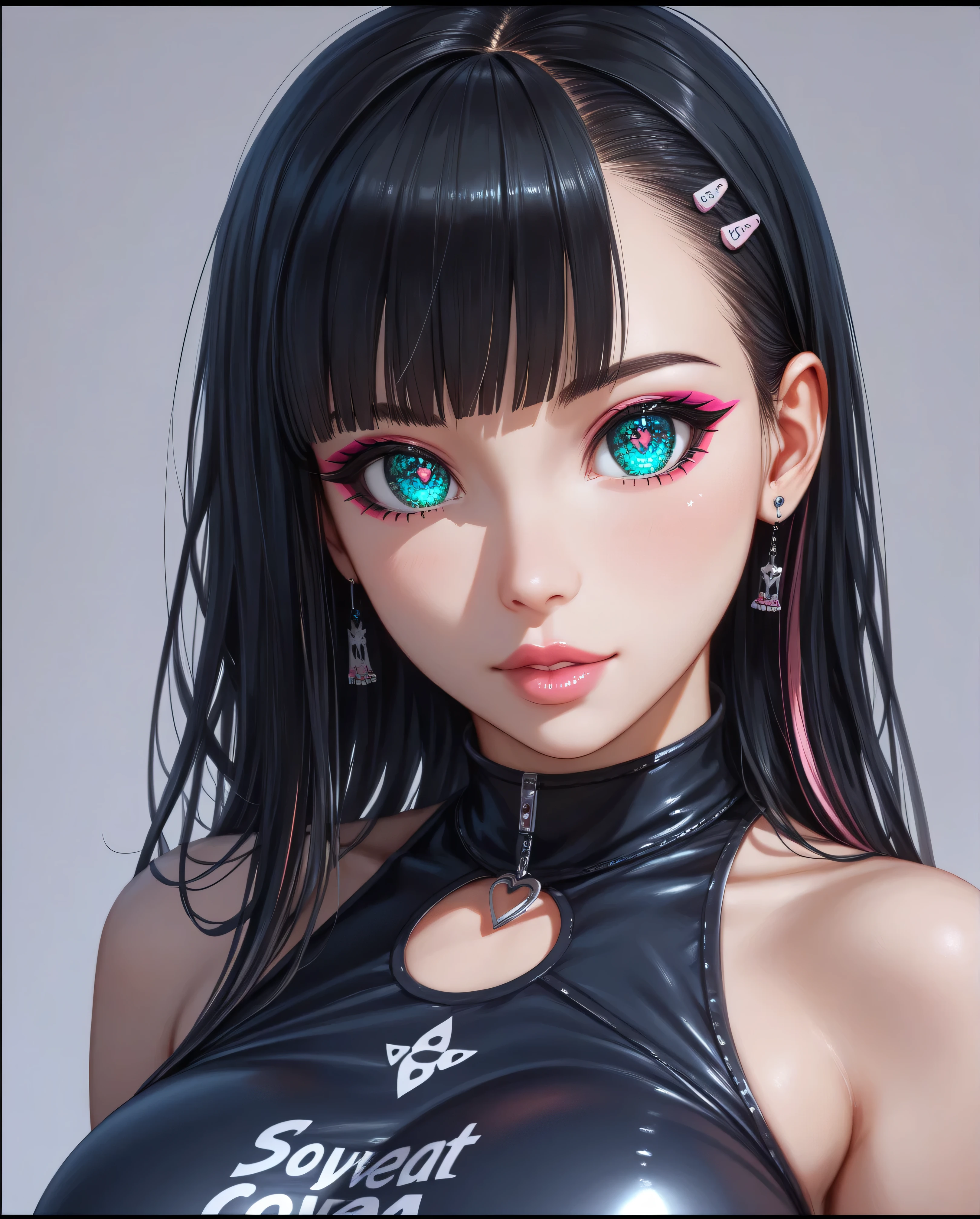Beautiful android teen, AI teen, solo, adorable cute , mesmerising, expressive face, vr girl, ((green blue golden gradient detailed hair)), cyberpunk futuristic style, ((bright glassy brown eyes)), smoky eyes, pearly illuminated realistic skin, curvy body, medium cleavage, wet glossy reddish full lips, close up, medium shot, half body shot, HDR, Ultra High Definition, highest quality, absurdres, masterpiece, digital world, (black background), glittery, glowing light particles, focus on face, cybernetic head accessories, wireless futuristic head set, microphone,  high detail texture, contrast, wavy vibrant green blue orange colours hair, glowing, bare chest, bare shoulder, deep cleavage, light particle dust, colorful glowing orbs, rimlights, back retro-illuminated, alluring laugh, modern digital metal chocker, full boob, center frame, ((digital identity barcode tattooed on left boob)), juvenile, youthful, young, adorable, cutie, ((10yo)), enchanting laugh, ((totally naked)), big hips