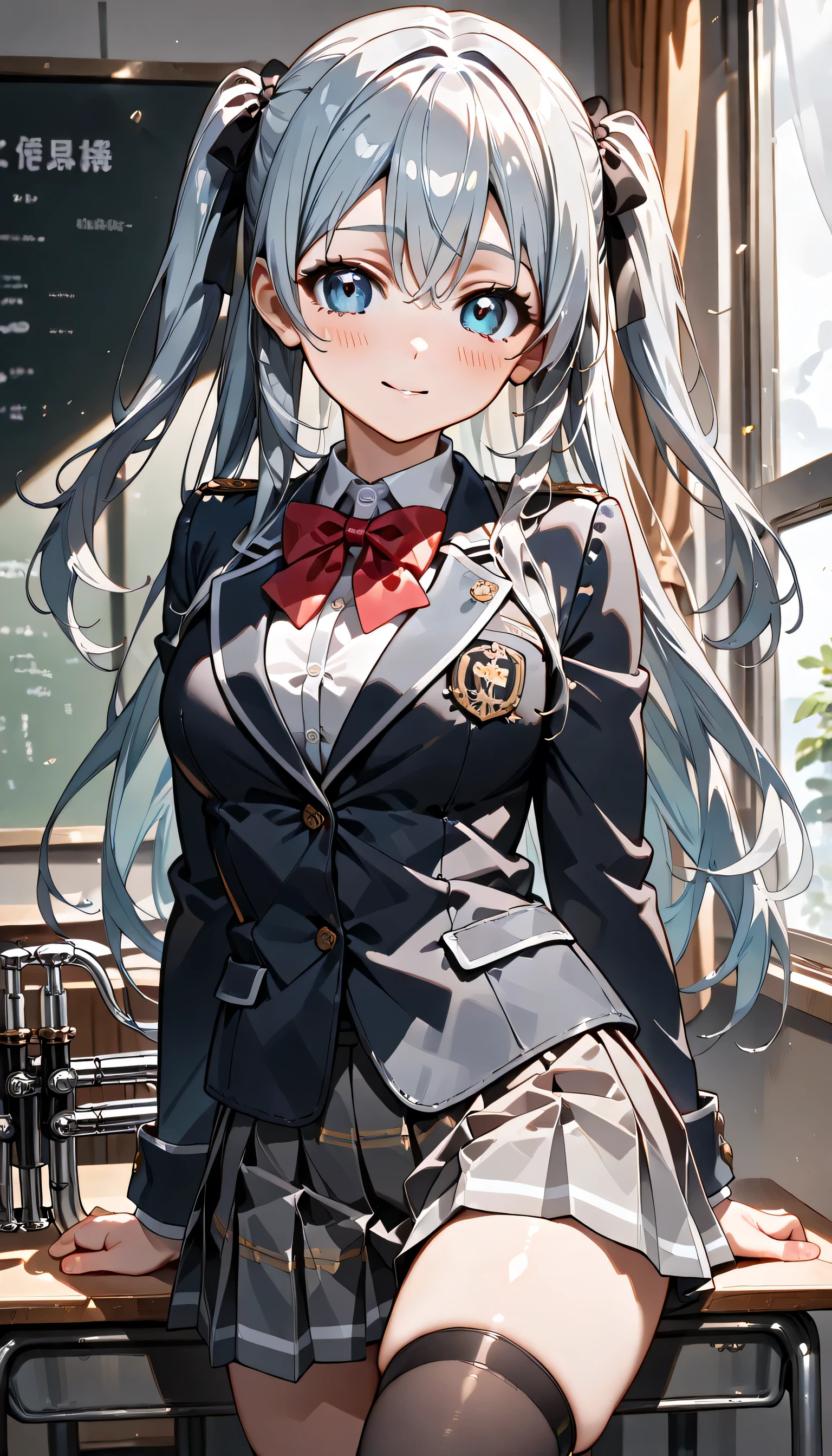 ((ultra-detailed)), (highly detailed CG illustration), (best quality:1.2), ultra-highly detailed, colorful composition, artistic photoshoot, 1girl, solo focus, ((thigh to top:1.4)), ((cowboy shot:1.4)), moe anime character, girl, dainty facial structure, (bab(round face), ((rounded chin:1.2)), ((ideal ratio body proportions)), celia-default, celia claire, (blue eyes), sparkle eyes, ((silver hair color)), ((two side up)), (hair ribbon with red), ((smile:1.2)), ((blush1.2)), ((play the trumpet:1.4)), ((trumpet that shines reflecting the sunlight:1.4)), ample breasts, school uniform, navy blue blazer, modern style with fitted jacket, red neck bow, long sleeves white frilled shirt, navy blue pleated skirt, and black high socks, from front, expecting, pink cheek, blush, light pink gloss slip, standing by by the window in a school classroom, beautiful detailed sky, the shining sunlight shines through the window, dynamic pose, contrapposto pose, best quality, masterpiece, portrait, depth of field, soft lighting, sidelighting, (shine), lighting, caustics, ray tracing, smile, perfect face, lustrous skin, highly detailed face, highly detailed eyes, perfect face, perfect nose, perfect hair, perfect eyes, perfect anatomy, beautiful hair, beautiful small face, extremely detailed face, beautiful detailed eyes, beautiful clavicle, beautiful body, beautiful ample breasts, leavage, breasts squeezed together, equalize the size of the left and right breasts, beautiful thin thighs, beautiful legs, beautiful fingers, 4 fingers, 1 thumb, lovely, (very detailed background:1.0), (highly detailed background:1.0), spring aesthetic, intricate details, enjoy the performance atmosphere, spring colors palette, chromatic aberration