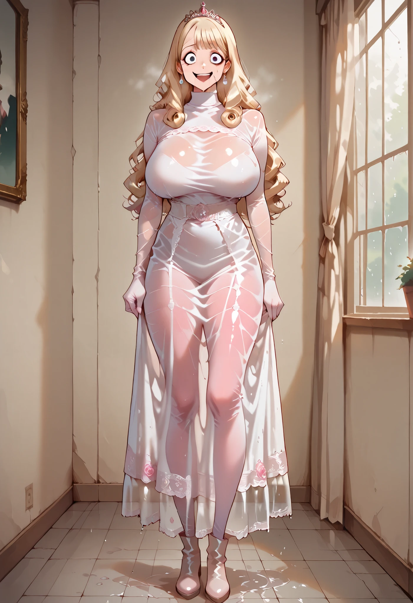, Full body depiction on screen, Crazy Smile, Crazy Eyes, Cutely crafted luxurious hair band, A lot of steam rising from the body, The room is humid and foggy, I can see the white breath, Ruffles sewn into a large number of clothes Panier Berry Long Skirt Illustrated style Anime Style Frown Wide mouth beautiful girl Unhealthy Very cute clothes very large chest Very distended chest Pink cheeks In the city Princess Room Sleeping in a cute frilly bed with a canopy Blonde Long Hair Super Curly Hair Super long sideburns Wet, see-through clothing Wet and sheer turtleneck shocking pink silk wedding dress Princess Tiara Wet and transparent very long shocking pink silk skirt Wet and transparent pearl white silk tights Wet and transparent pearl white silk innerwear metallic luster A large amount of hot pink silk ribbons attached to the clothes Soaked in the rain Wet and transparent pearl white super long silk gloves Shocking pink silk pantyhose with fine embroidery that becomes transparent when wet silk garter belt Astonishment Dirty Big eyes Droopy eyes Shocking Pink Rouge Super long white leather boots Wet and see-through white silk bodysuit See-through Clothes that are see-through from the rain Clothes are wet with sweat and transparent