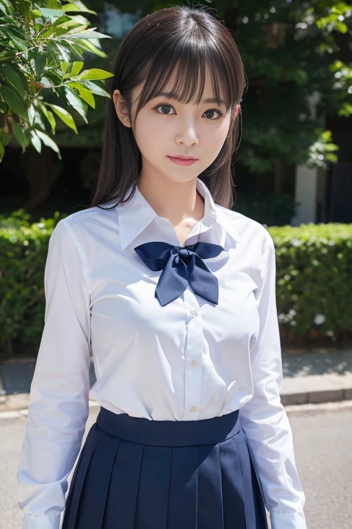 (masterpiece:1.2), Japanese, (18-year-old), (girl), ((Collared shirt)), (skirt), smile, Bedroom, Thighs, ((small face)), (bow tie), Hair Bun, walking,
