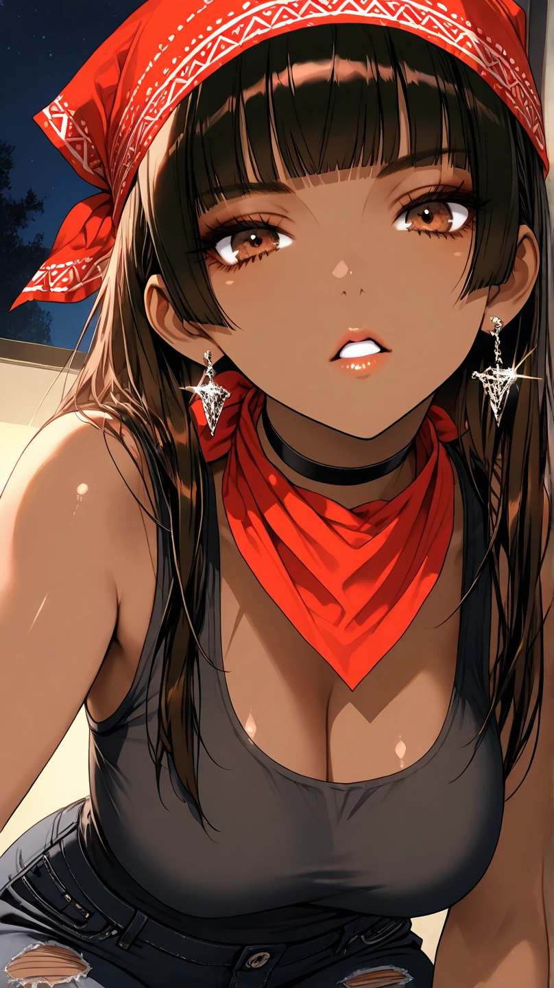 1Girl, Mature, Ebony, African American, Dark Brown Skin, Jet Black Hime Cut, Shiny Hair, Hime Cut, Bright Brown Eyes, Dark Brown Eye Shadow, Black Tank-Top, Red Bandana Wrapped Around Neck, Black Ripped Jeans, Black Choker, Looking At Viewer, Bored, Teeth, Parted Lips, Glint, Sassy Pose, Solo, Close Up View, Bedroom Background, Night Time, High Resolution, Masterpiece, HD, High Details, Super Detailed, 