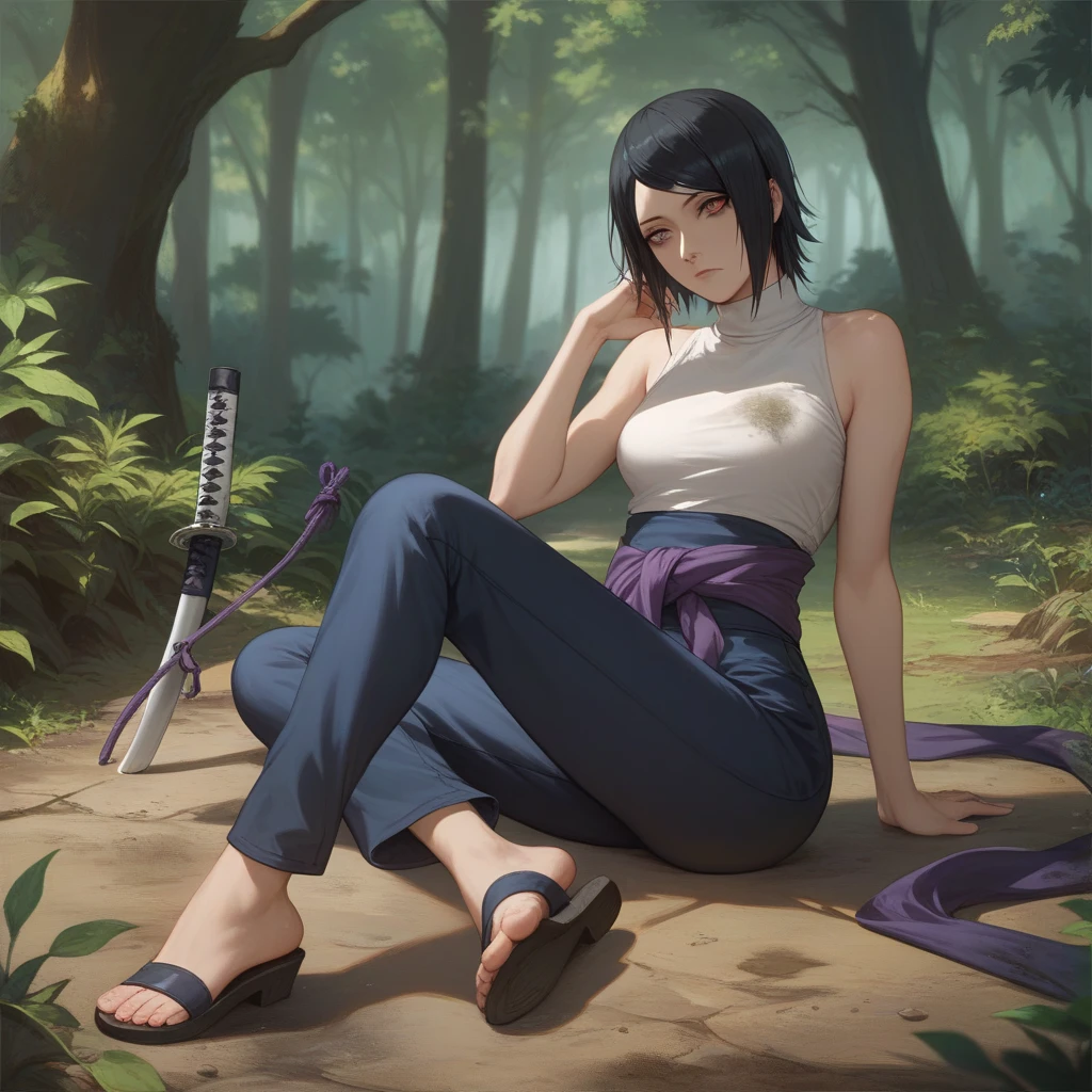 senjumaru shutara, (long hair, bangs, blunt bangs, black hair, sidelocks:1.5), (black eyes:1.5), makeup, lipstick, red lipstick, sweating, glowing eyes, heavy breathing, female focus, 1girl, barefoot, feet, skirt, breasts, outdoors, looking_at_viewer, tree, bare_legs, sitting, solo, large_breasts, black_skirt, mole, legs, bare_shoulders, toes, jewelry, thighs, shirt, earrings, off_shoulder, sidelocks, bush, day, long_sleeves, leg_hug, mole_under_eye, pleated_skirt, mole_under_mouth, "glow effects, godrays, Hand drawn, render, 8k, octane render, cinema 4d, blender, dark, atmospheric 4k ultra detailed, cinematic, Sharp focus, big depth of field, Masterpiece, colors, 3d octane render, 4k, concept art, trending on artstation, hyperrealistic, Vivid colors, extremely detailed CG unity 8k wallpaper, trending on CGSociety, Intricate, High Detail, dramatic", anime coloring, anime screencap, sweating, steaming body, fog, hollow eyes, bright pupils, brown eyes, looking at viewer. glowing eyes, heavy breathing, seductive smile, makeup, upper teeth,