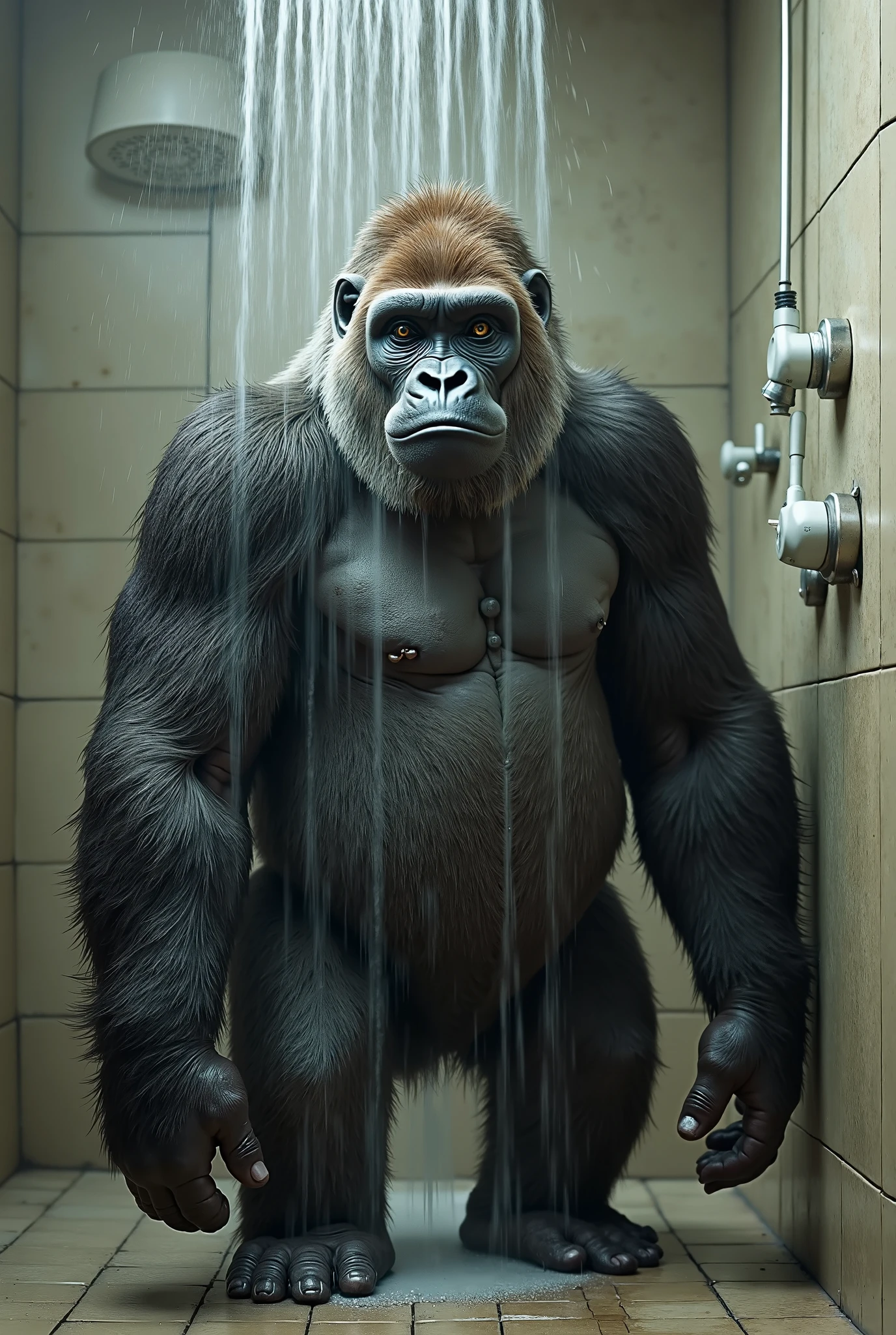 An unusually gargantuan anthropoid growing into immense body height in a small shower enclosure with small space around him, its hunched body filling the thight and small space around, its immense size allows him to push the ceiling floor, its huge and round belly is dominant; male,canine, anthropoid, dog, pitbull:1.4, (dark and thick grey and wet fur:1.8, thick furred body, fluffy fur, thick fur, wet fur, naked),( cut ears:1.0), big fluffy furred balls, chubby:1.2, round belly, huge belly, bloated belly, overweight belly, inflated belly, big body, wide and bulky body, immense and bulky body, thick neck and chest, (middle-age), (musclegut:1.4, thick body:1.2), (immense height, immense body height:1.8), (yellow eyes:1.2),detailed black eyes, looking at viewer, tail, ( full body:1.2), growing:1.6, immense grow, overgrown body size, (by darkgem),(by OnePotatoATime),(by adios:1.2),(by taran fiddler),4k,masterpiece,full hd, BREAK